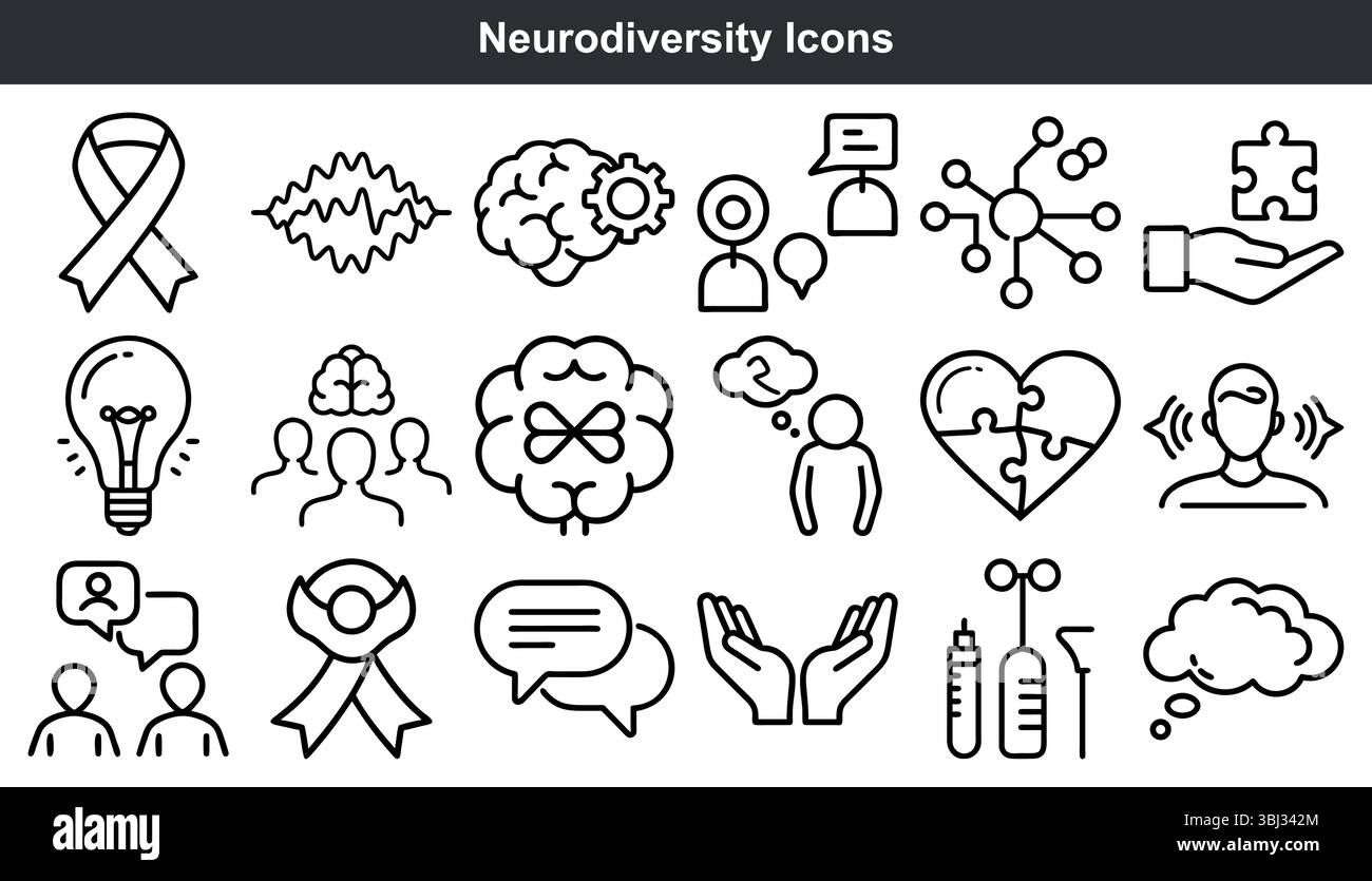„Neurodiversitätssymbole“ – Kunstset „Black Line“ Stock Vektor
