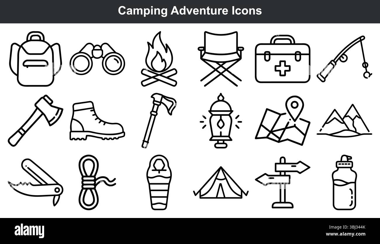 Camping Adventure Icons Black Line Art Stock Vektor