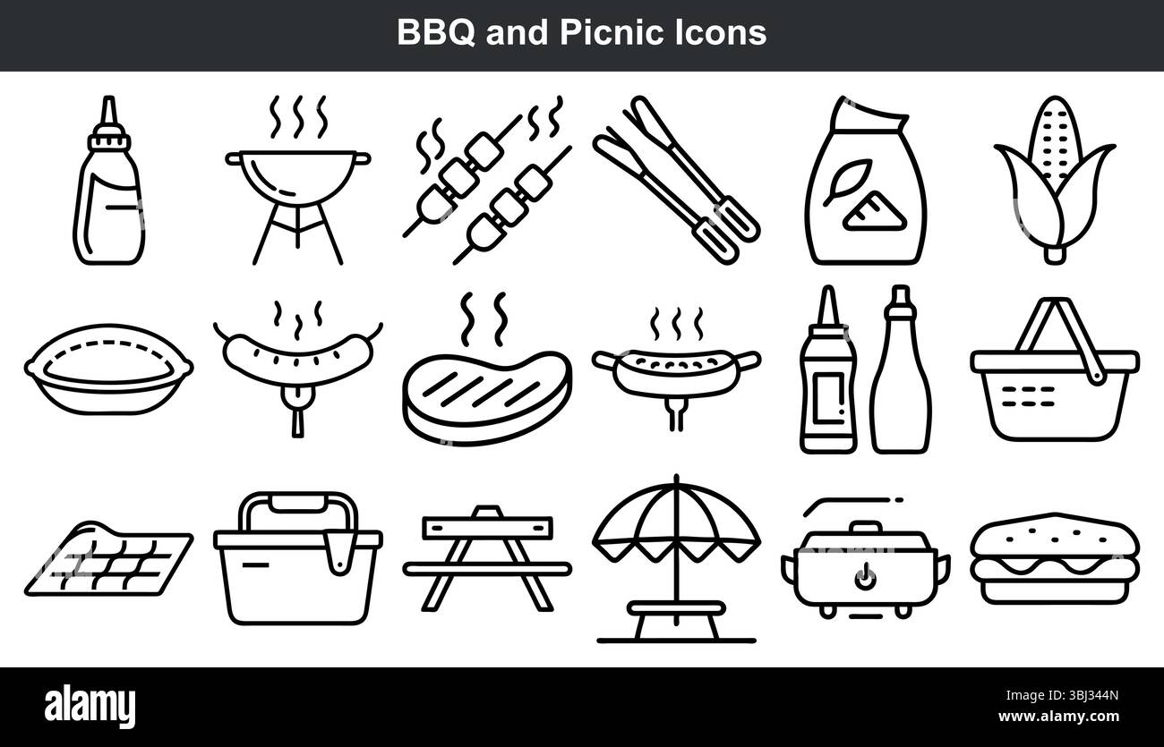 B Q Picknicksymbole Schwarze weiße Strichkunst Stock Vektor