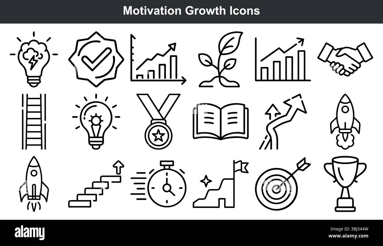 Motivation Growth Icons Setzen Black Line Art Stock Vektor