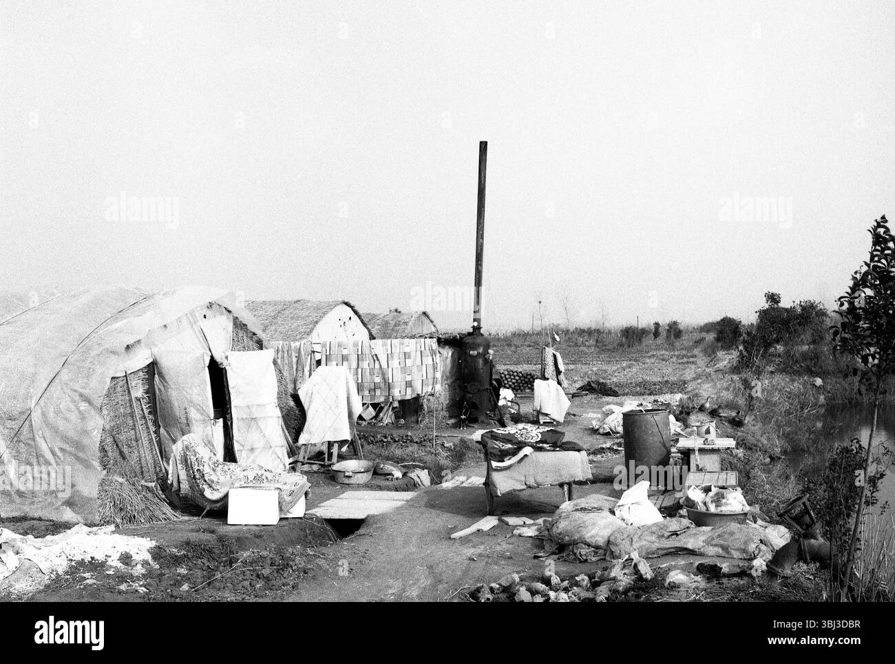 Chinesische Siedlung des ländlichen Gewächshauses Ende der 2000er Jahre, Schwarzweiß-Dokumentarfoto Stockfoto