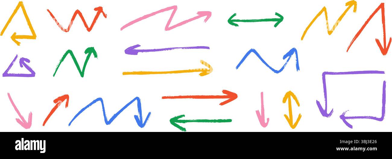 Handgezeichnete Buntstift-Pfeilsammlung. Bunte Zickzack- und geradlinige Pfeile gesetzt. Scharfe Zeiger und Richtungslinien in anthrazitfarbenen Skizzen. Pinselstrichelemente für Vektor-Pastellstifte, Kreide oder Markierpinsel Stock Vektor