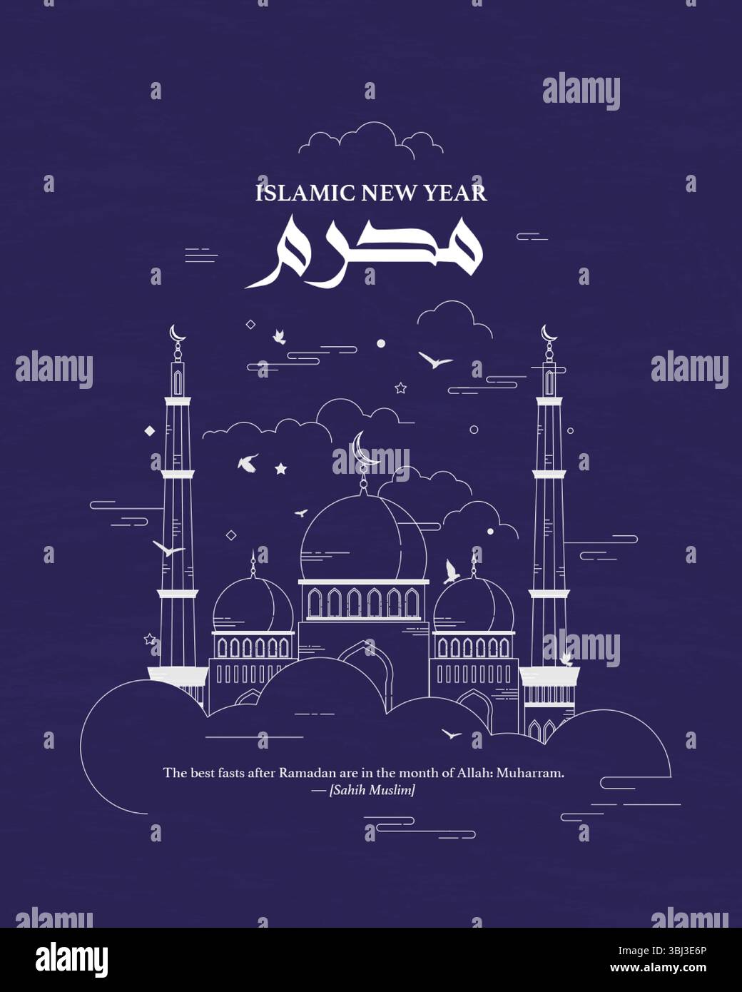 Muharram Line Art Illustration – islamische Neujahrsmoschee Design für Ramadan, Hijri Kalender und islamische Veranstaltungen. Stock Vektor