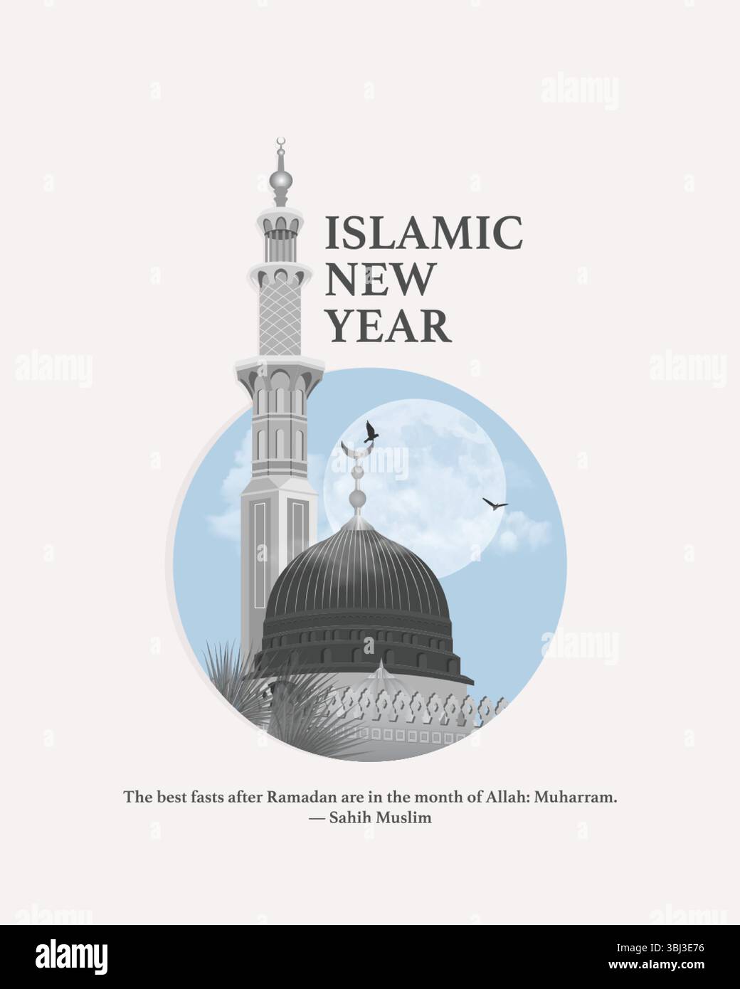 Islamisches Neujahrsmuharram Illustration mit Moschee, Minarett und Vollmond. Auch bekannt als Hijri Neujahr. Stock Vektor