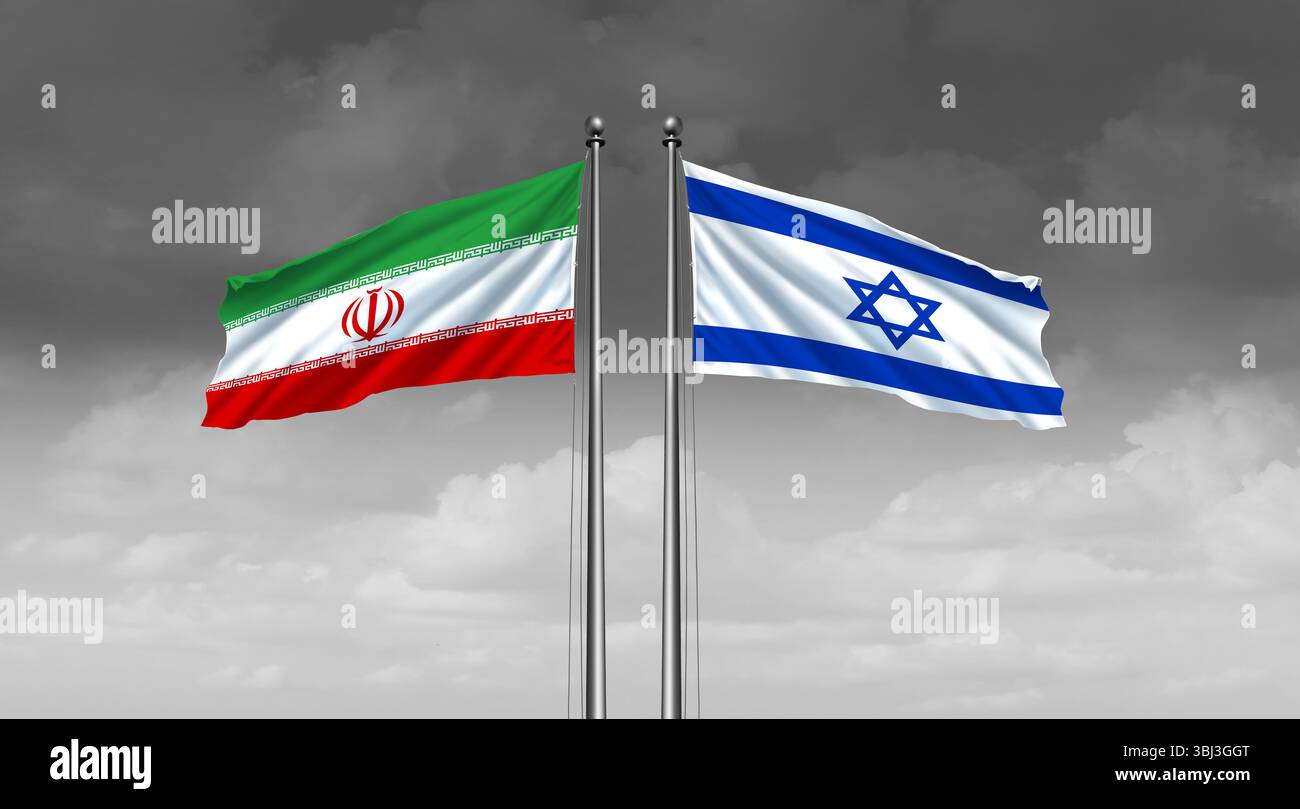 Iran Israel Krieg militärische Krise und bewaffnete Konfrontation oder israelische iranische Stellvertreterkrieg Konflikt mit zwei gegnerischen Regierungen in einem Streit als perser Stockfoto