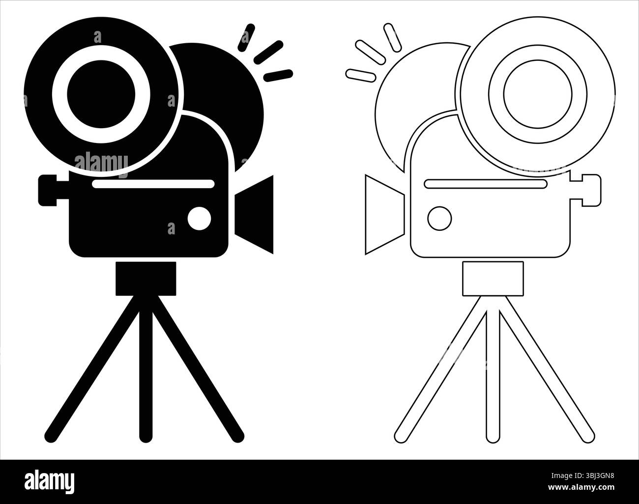 Vintage-Filmkamera-Symbole im Doppelstil mit auffälliger schwarzer Füllung und minimalistischem Outline-Design auf Stativen, die klassische Filmausrüstung darstellen Stock Vektor