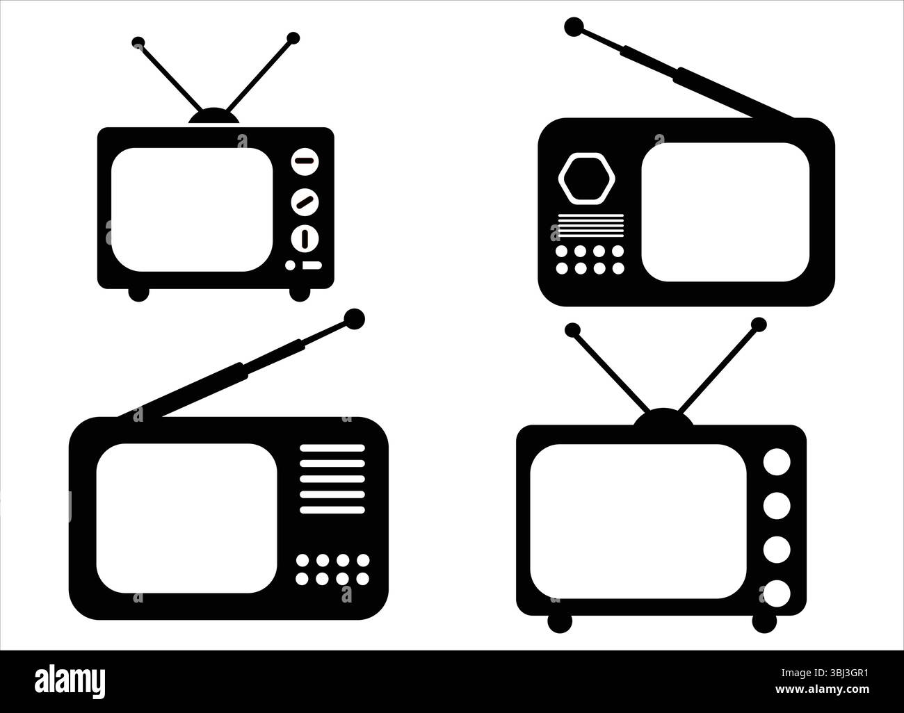 Vintage TV Icons Collection Retro TV-Set Silhouetten mit Antennen und Tasten, perfekt für klassische Medien- und Broadcast-Designs Stock Vektor