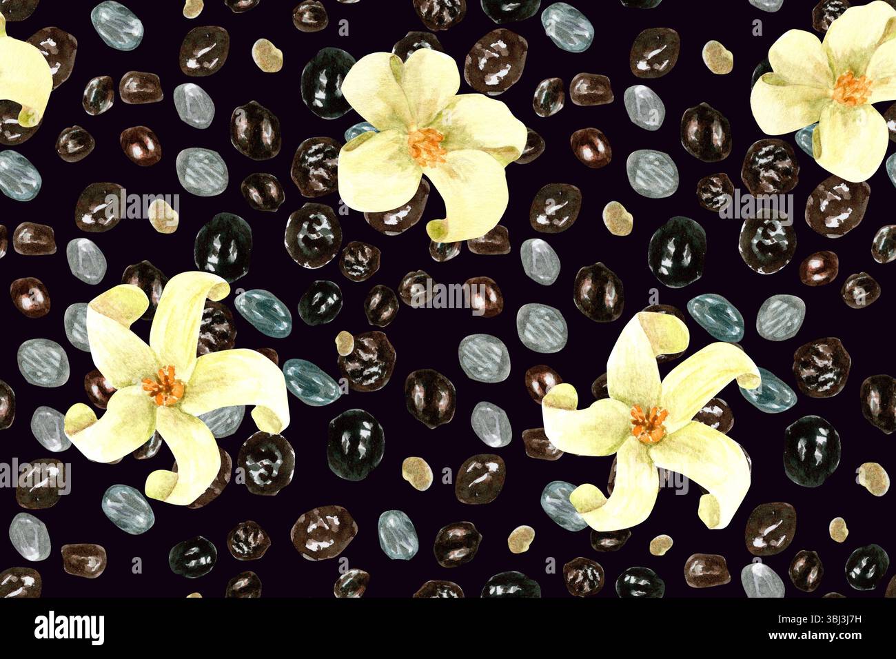 Papayasamen und Blumen nahtloses Aquarellmuster auf Schwarz. Handbemalte Frucht-Clip-Art, perfekt für kulinarische Designs, Textilien und Geschenkpapier Stockfoto