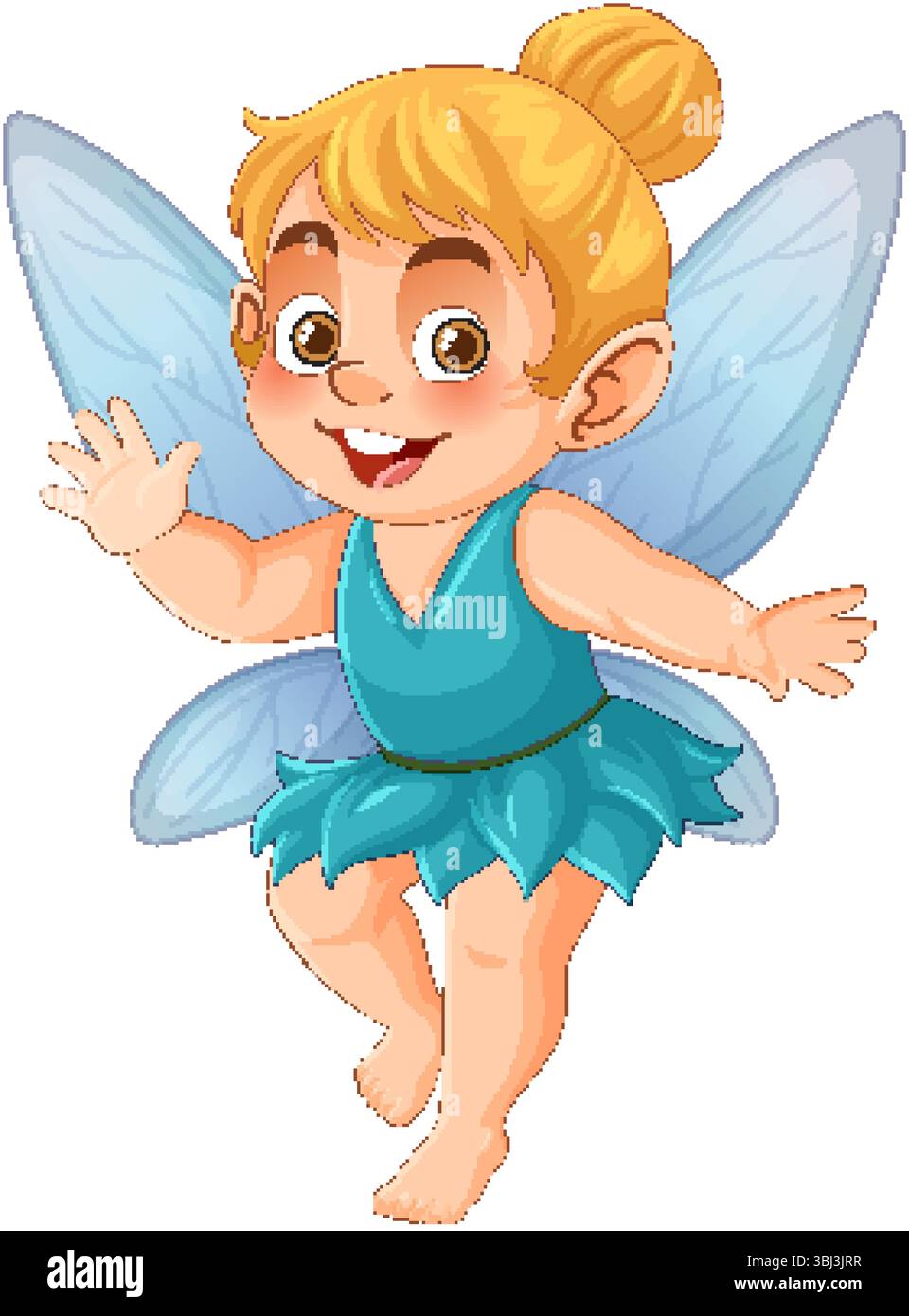 Eine lebendige Vektor-Illustration einer lächelnden Fee mit blauen Flügeln und einem blauen Kleid, die einen verspielten und skurrilen Stil zeigt Stock Vektor