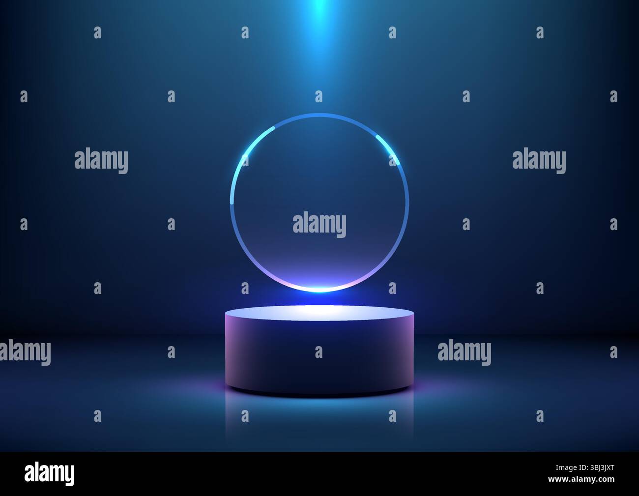 Ein leuchtend blauer Spotlight hebt den kreisförmigen 3D-Sockel mit einem leuchtenden Neonring hervor und schafft ein futuristisches Technologiekonzept, Produktanzeigen und Mockup Stock Vektor