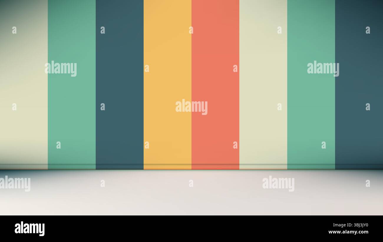 Lebendiger Retro-Hintergrund mit kräftigen Streifen aus den 1970er Jahren in Petrol, Blau, Goldgelb und Korallenrot, die nostalgische Atmosphäre wecken. Vintage-Designs, groovige Themen und Stock Vektor