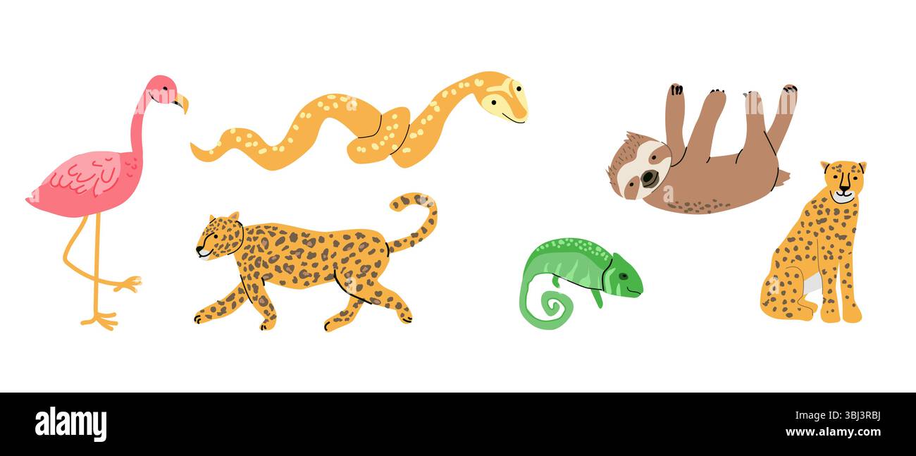 Lebendige Illustration tropischer Tiere mit Flamingo, Leopard und Faultier. Stock Vektor