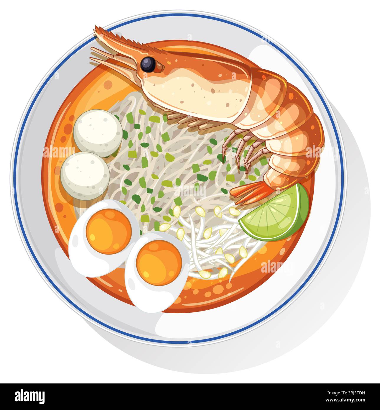 Bunte Vektor-Illustration der Thai Garnelensuppe mit Eiern, Limette und Kräutern. Helle, detailreiche Komposition mit leuchtenden Farben Stockfoto