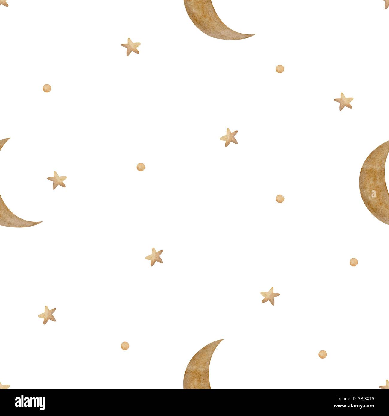 Muster Aquarellillustration Vintage beige Mondsterne mit braunen Punkten. Handgezeichnet im Kinderstil. Nahtloser Druck auf weißem Hintergrund für Stockfoto