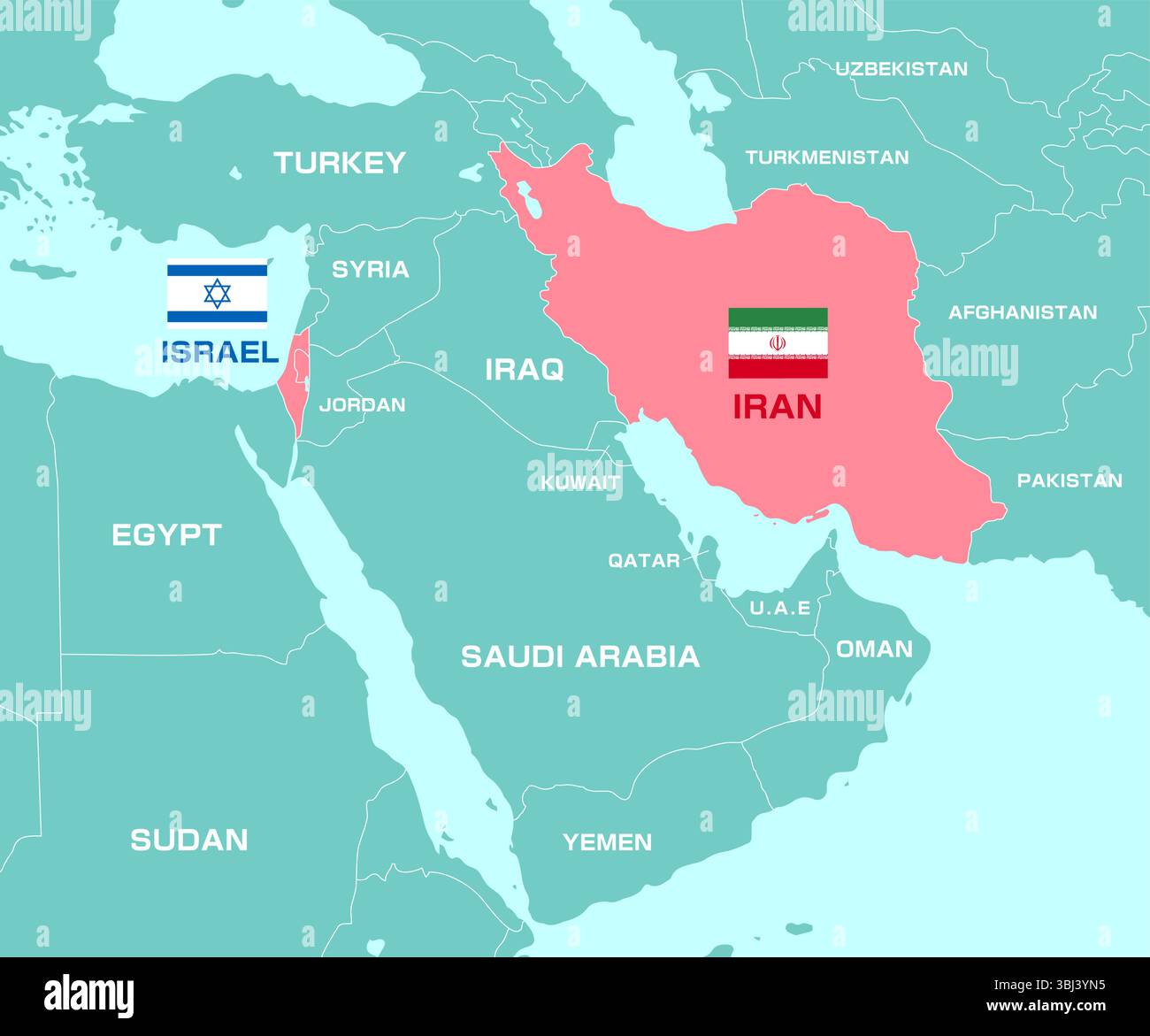 Abbildung der Karte des Nahen Ostens (Iran- und Israel-Krieg) | Ländernamen auf Englisch Stock Vektor