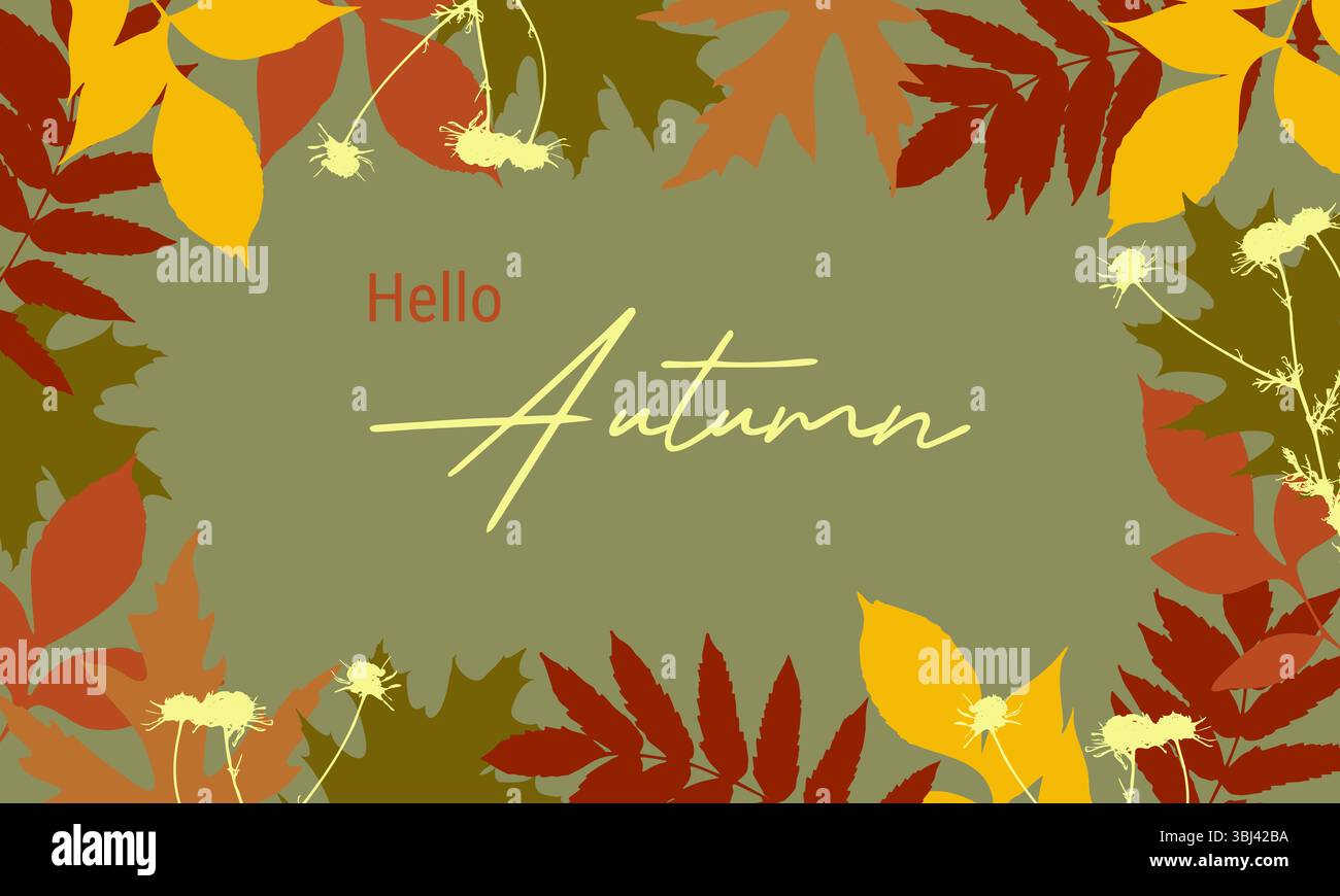 Hello Herbstbanner, Hintergrund mit Herbstlaub Stempel und Inschrift. Rahmen, Rahmen. Vektorabbildung Stock Vektor