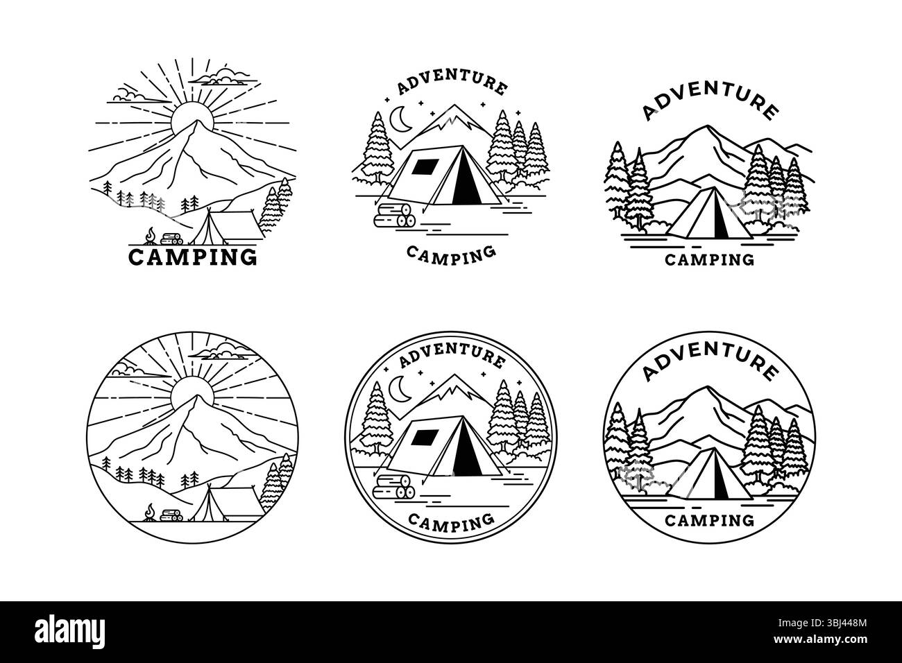 Sammlung von Stylenkunst-Illustrationen zum Thema Camping im Freien. Stock Vektor