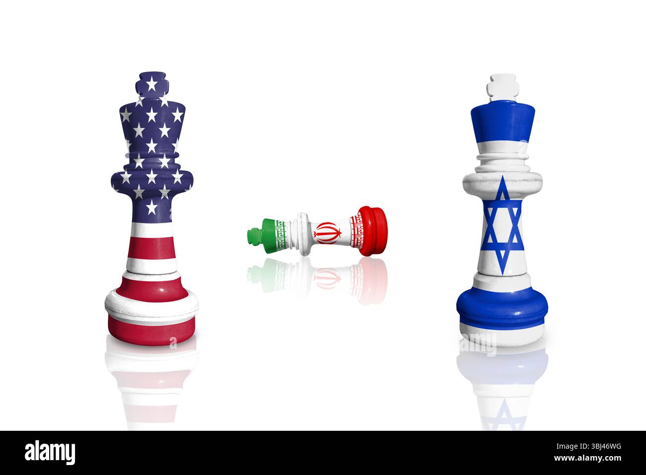 Schach aus USA, Israel und Iran-Fahnen auf weißem Hintergrund Stockfoto