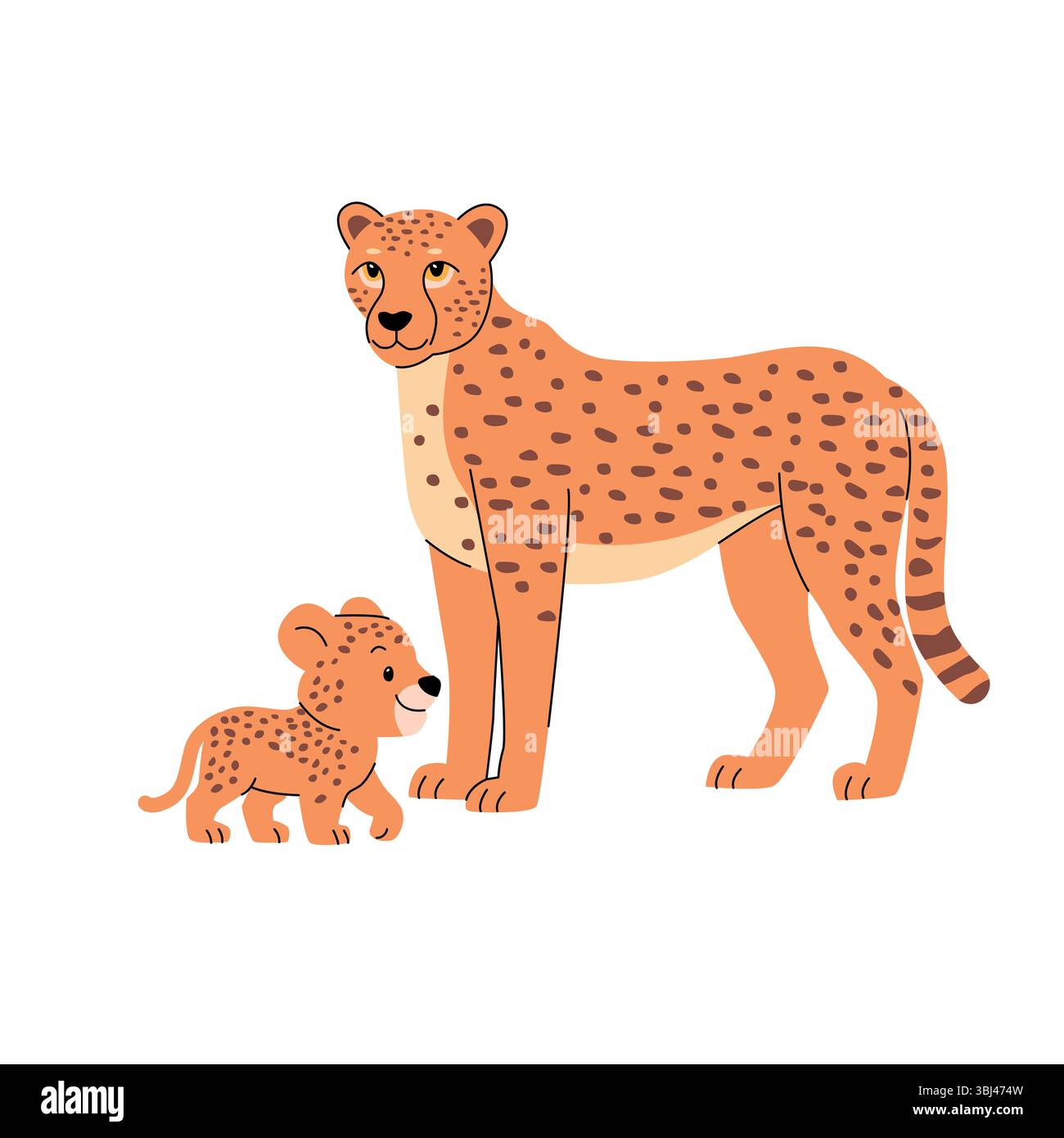 Cartoon Gepard Mutter und Baby, süße wilde Tiere, flache Vektor-Illustration, handgezeichnete afrikanische Safari-Familie, isoliert auf weißem Hintergrund, einfach Stock Vektor
