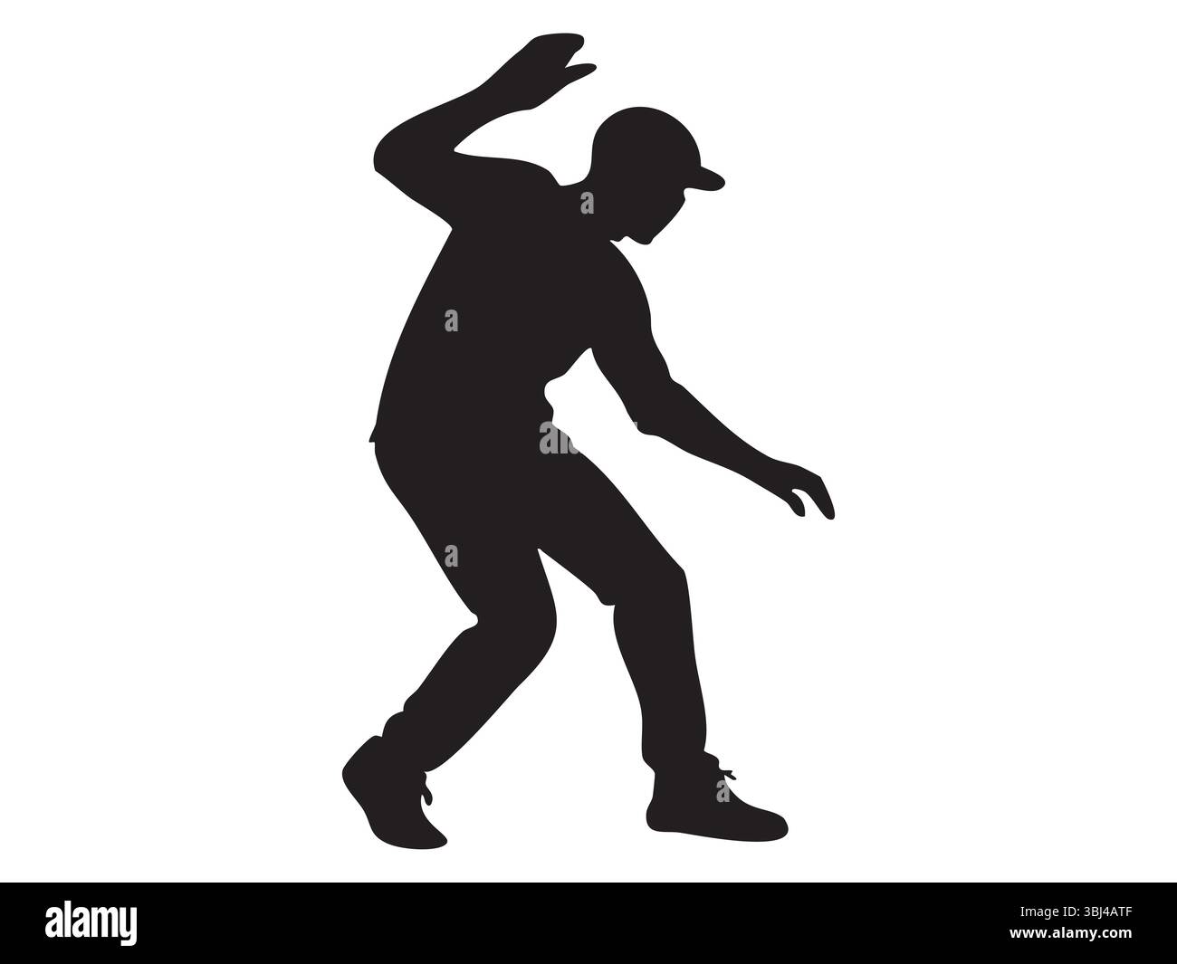 Schwarze Silhouette eines tanzenden Mannes in dynamischer Pose, isoliert auf weißem Hintergrund, grafische Illustration. Konzept von Tanz, Bewegung, Street Art, Ikone, des Stock Vektor