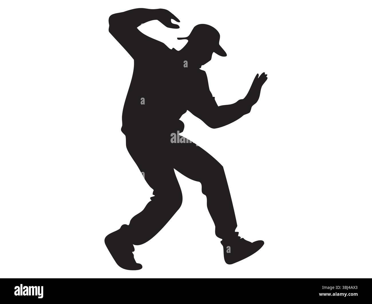 Schwarze Silhouette eines tanzenden Mannes in dynamischer Pose, isoliert auf weißem Hintergrund, grafische Illustration. Vorstellung von Tanz, moderner Bewegung, Hip Hop, artis Stock Vektor