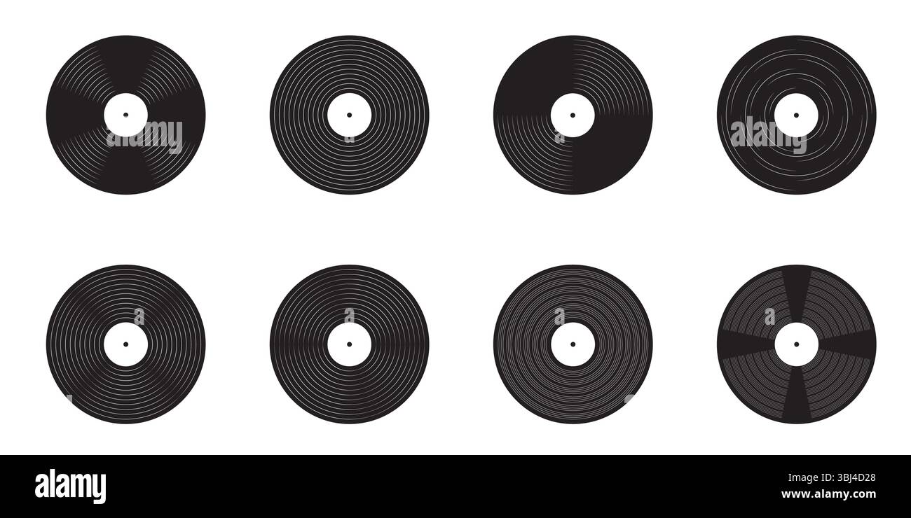 Sammlung von Schallplatten-Ikonen Plattenspieler-LP-Musik-Discs für die Disco-Party der alten Schule Vintage DJ-Tools für nostalgische Veranstaltungen Vektor isoliert Stock Vektor
