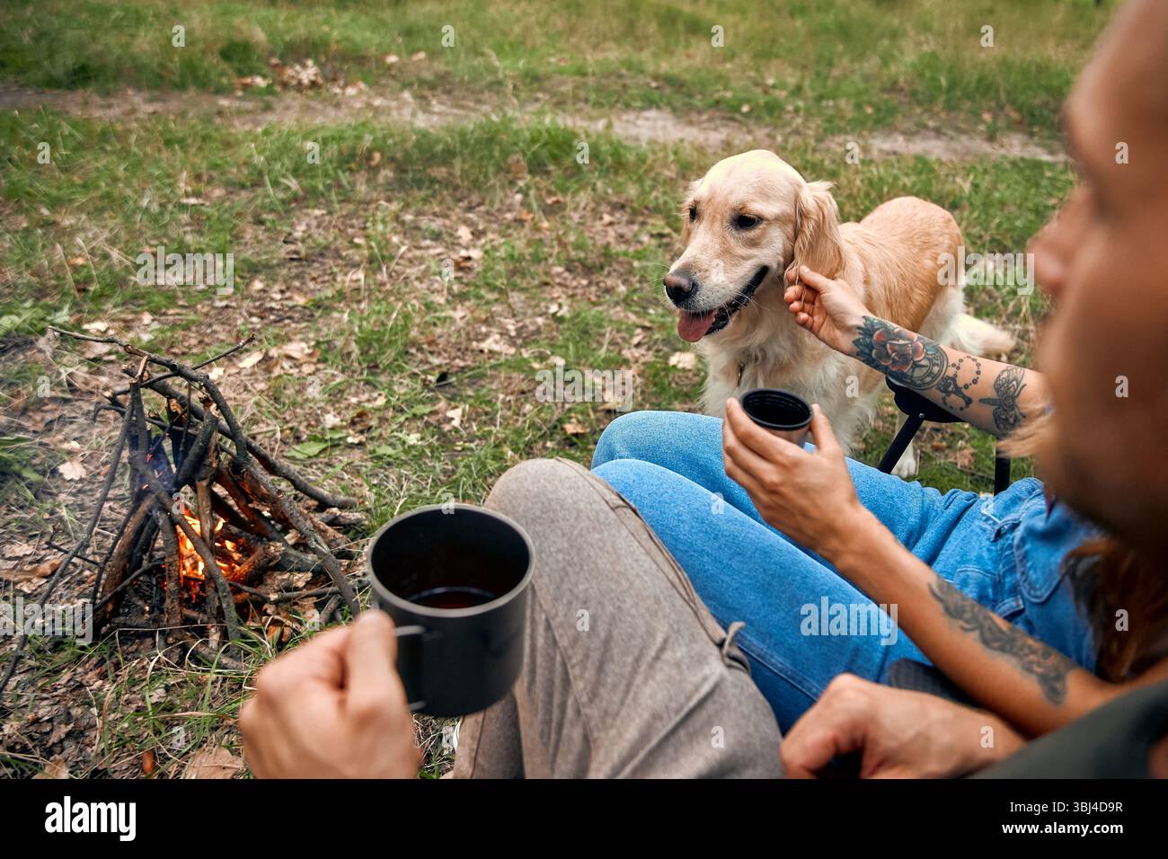 Ich genieße wirklich die warmen, gemütlichen Abende am Lagerfeuer mit meinem geliebten Hund, umgeben von der atemberaubenden Schönheit der Natur, die an schätzen Stockfoto
