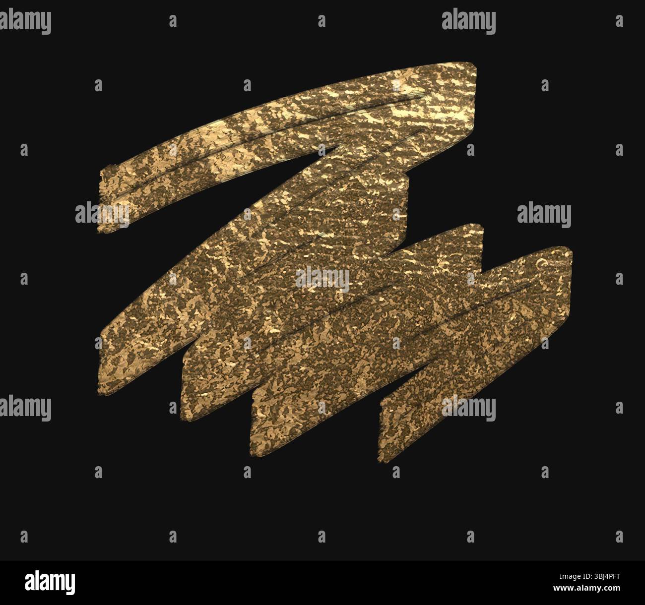 Goldener Pinselstrich auf weißem Hintergrund. Kreativer, abstrakter Abstrich mit langem Streifen und geschwungenen Linien, perfekt für moderne Kunst und Dekoration. Künstlerisch Stockfoto