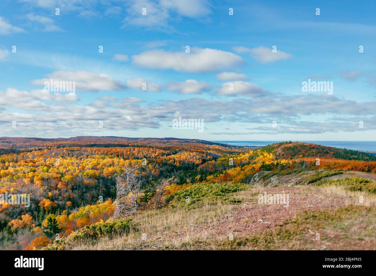 Herbstlaub über Mt. Baldy blickt auf Eagle Harbor, Michigan Stockfoto