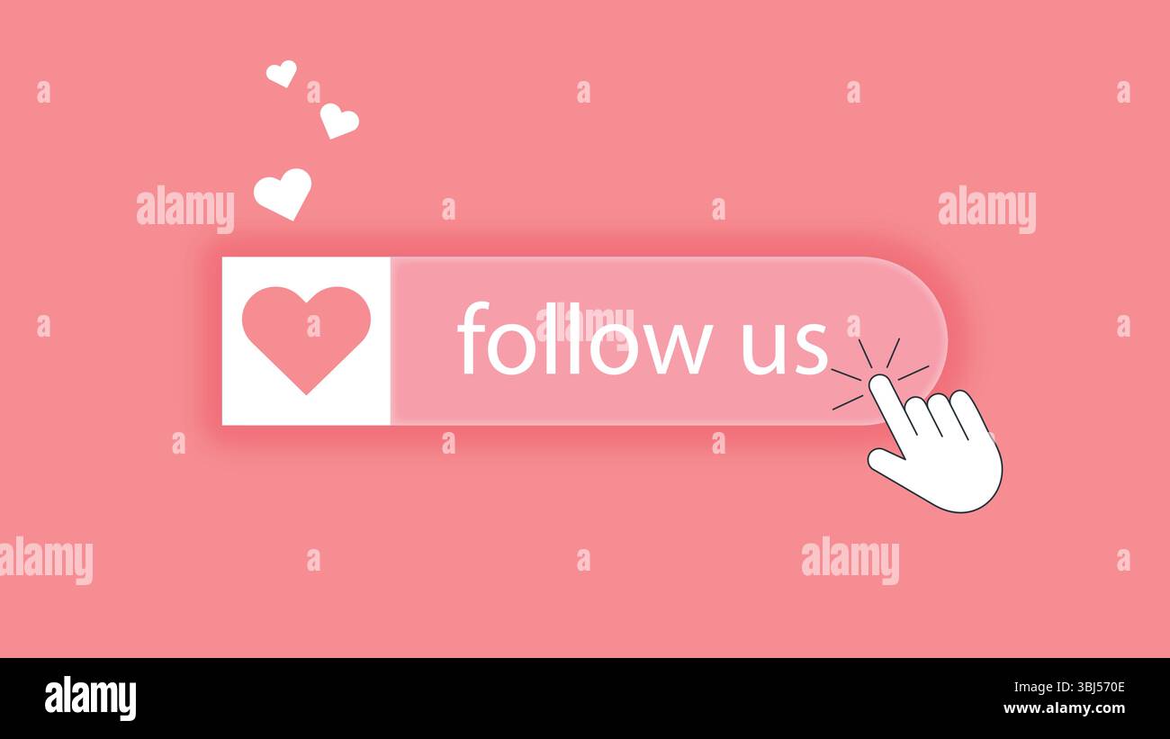 Zartes rosa Banner mit „Follow US“-Taste. Schaltfläche „Abonnieren“ in sozialen Medien oder auf der Website. Hand mit Zeigefinger drücken Herzknopf, Vektorgrafiken Stock Vektor