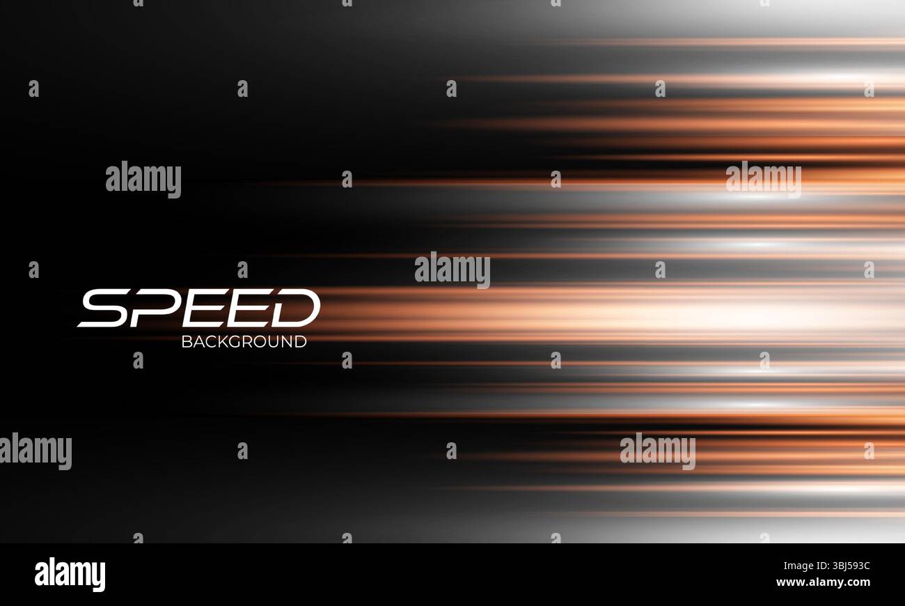 Orangefarbener und weißer High-Speed-Hintergrund. Bewegungslichtspuren auf schwarzem abstrakten Hintergrund. Breites Technologiebanner mit leuchtenden Lichtern Stock Vektor