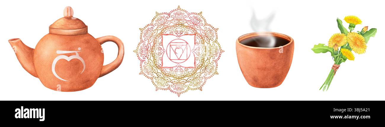 Ein Bündel von Aquarell-Clipart zum Thema Balance-Wurzelchakra. Terrakotta-Teekanne, eine Tasse mit heißem Tee, Löwenzahnstrauß, ein goldroter Muladhara c Stockfoto