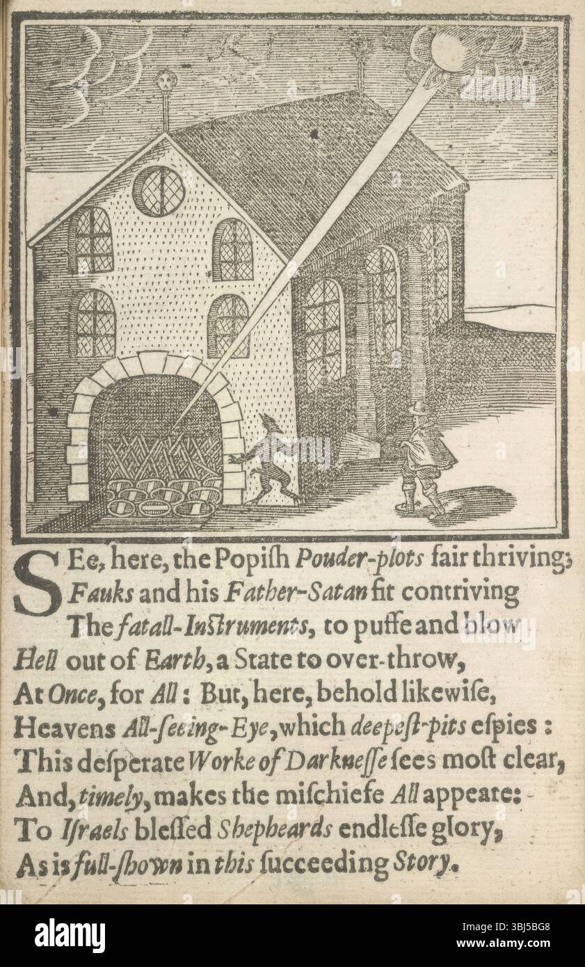 Guy Fawkes und Satan vor dem Parlament, 1617. Die Schießpulver-Darstellung. "Siehe, hier, der Papst Pouder-Ploder-Plotten blüht gut; Fauks und sein Vater-Satan sitzen und erfinden die Fatall-Instrumente, um die Hölle aus der Erde zu puffen und zu sprengen, einen Staat, den man sofort für alle umstürzen kann; aber hier, siehe auch, der verzweifelte Worke der Dunkelheit sieht am deutlichsten und macht das Unheil zur rechten Zeit attraktiv: den Israels gesegneten Hirten endlesse der Ruhm, wie in dieser erfolgreichen Geschichte gezeigt wird. Aus "Mischeefes Mysterie: Oder, Verräter Meister-PEece, Stockfoto