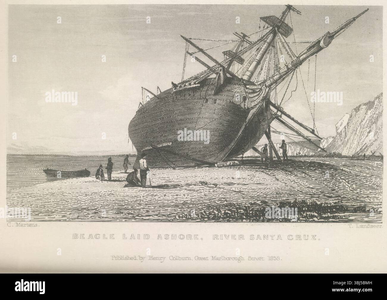 Beagle lag an Land, Fluss Santa Cruz, 1834 (1839). HMS 'Beagle' Careened, Rio Santa Cruz, Patagonien, Südamerika. Im Dezember 1831 unternahm die Beagle unter dem Kommando von Robert Fitzroy und mit dem jungen Naturforscher Charles Darwin an Bord eine fünfjährige Weltreise. Während dieser Reise machte Darwin Beobachtungen, die zu seiner Evolutionstheorie beitrugen. Aus dem Narrative of the Surveying Voyages of His Majesty's Ships Adventure and Beagle, zwischen den Jahren 1826 und 1836, in dem die Untersuchung der Südküste Südamerikas und die Umrundung der G durch die Beagle beschrieben wird Stockfoto