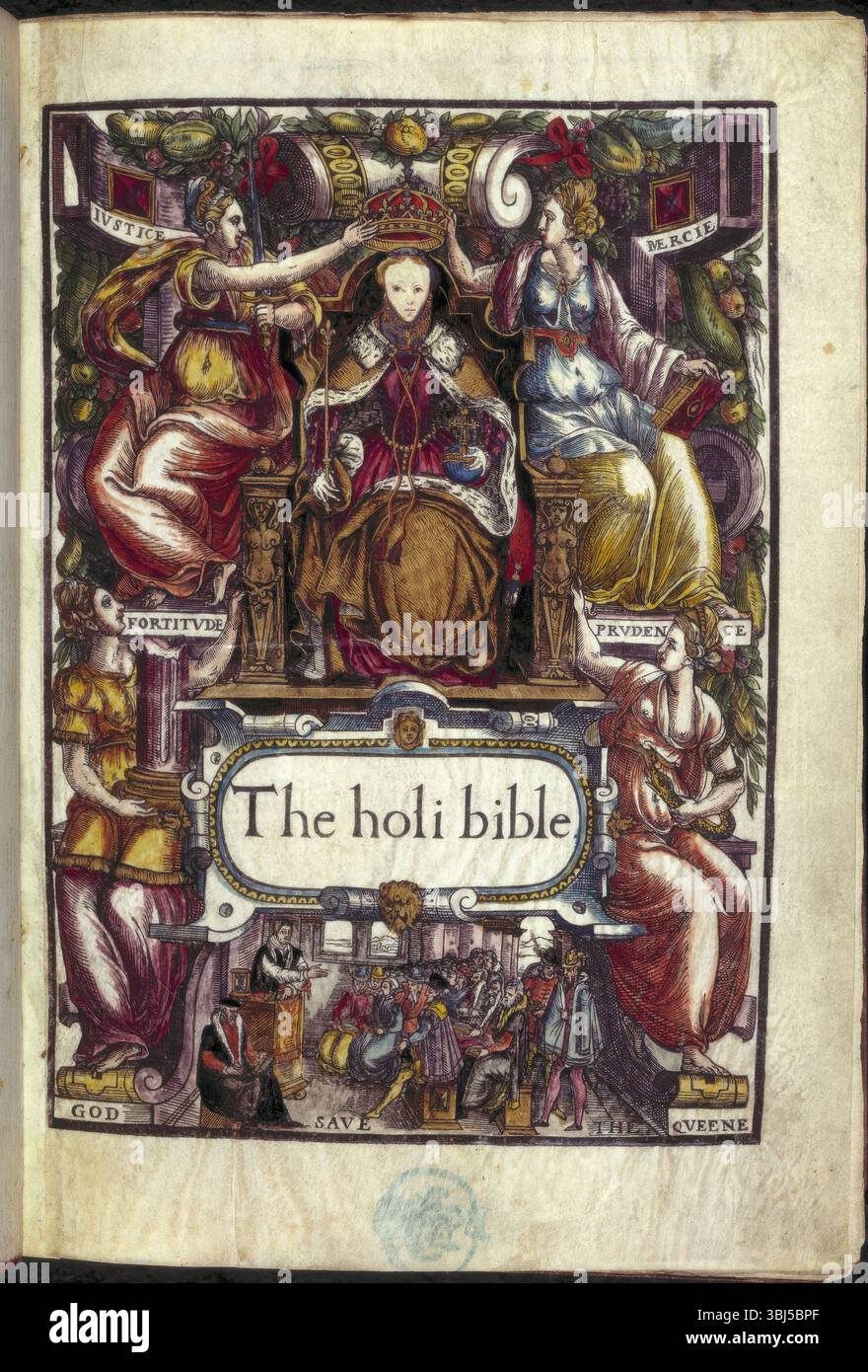 "Die holi-Bibel", 1569. Titelseite der Bischofsbibel, in der Königin Elisabeth I. von den allegorischen Figuren Jvstice (Gerechtigkeit), Mercie (Barmherzigkeit), Fortitvde (Fortitude) und Prvdence (Prudence) gekrönt wird. Unten predigt ein Priester an seine Gemeinde, und die Worte „Gott rette die Königin“. Stockfoto