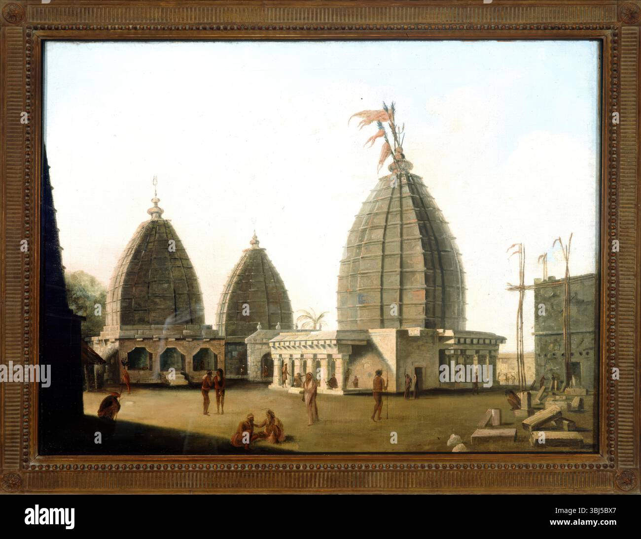 Tempel, Indien, 1782. Eine Gruppe von Tempelgebäuden (wahrscheinlich der Baidyanath-Tempel) mit Trisura und Fahnen an der Spitze. Deorgag [Deoghar], Santal Parhanas [Bezirk Santhal Parganas], Bihar. 1778 reiste der englische Maler William Hodges nach Indien, einer der ersten professionellen britischen Landschaftsmaler, die dieses Land besuchten. Stockfoto