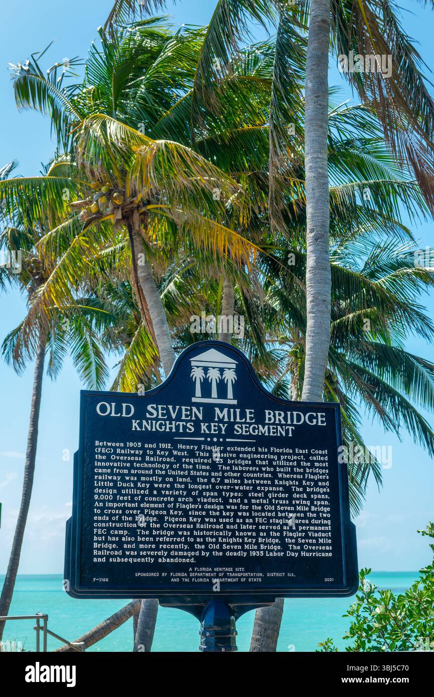 Old Seven Mile Bridge Schild, Islamorada, Florida Keys Stockfoto