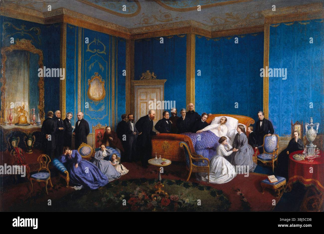 Die letzten Momente von HRH, der Prinz Consort, 16861. Prinz Albert (im Bett), Prinz Arthur (vorne stehend), Königin Victoria (sitzend), Prinzessin Alice (sitzend gegenüber der Königin). Prinz von Wales [links vom Bett], General Bruce [links vom Prinzen von Wales, Dekan von Windsor [links von Bruce], Major du Plat [links vom Dekan von Windsor], General Bentinck [links von du Plat], Duke of Cambridge [links von Bentinck, über den Fuß des Bettes gestützt], Lord Alfred Paget [hinter Herzog von Cambridge, am nächsten an der Tür], Major Teesdale [mit Prinz Paget], Leiningen Stockfoto