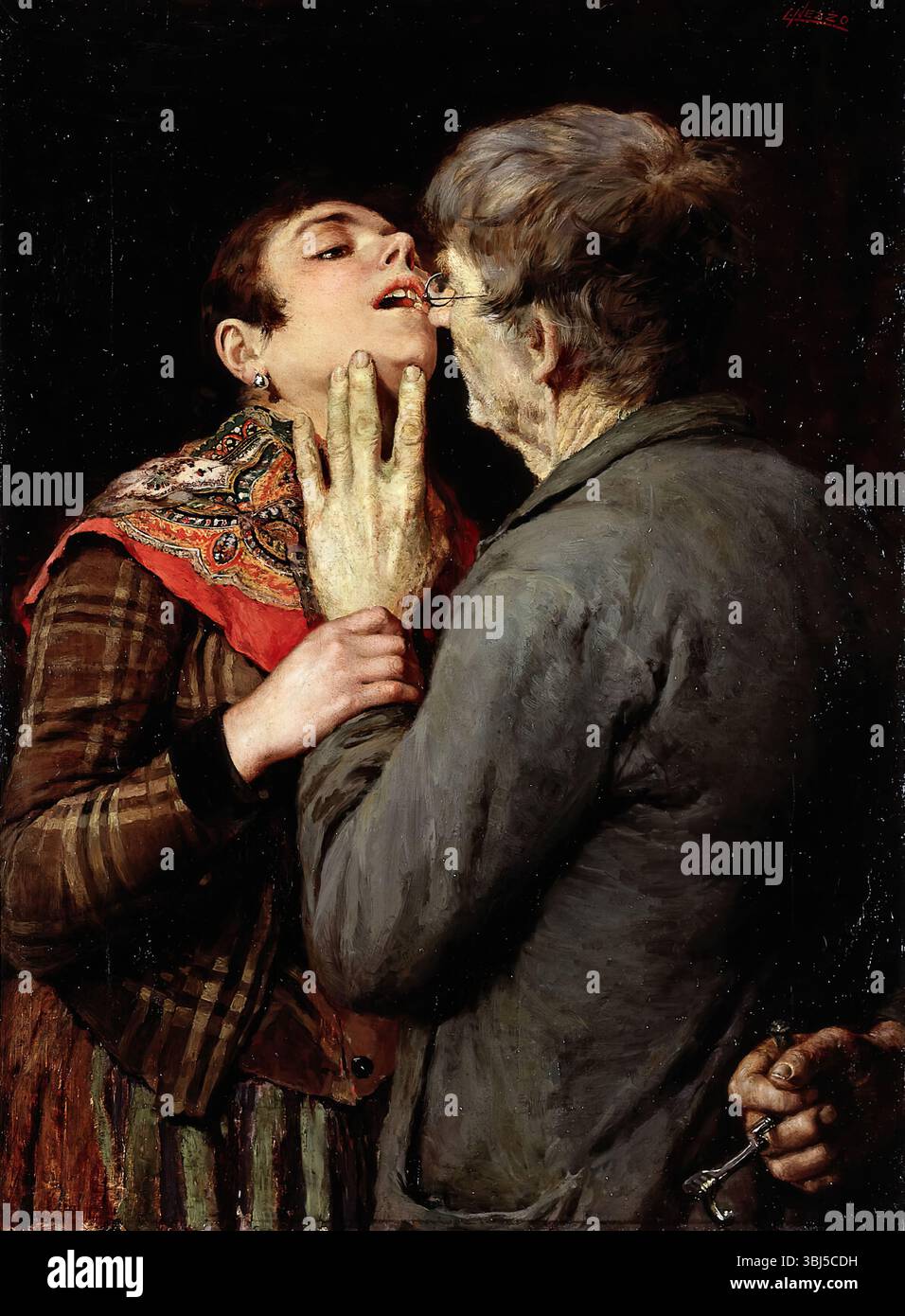 Eine Zahnschublade, die den Schlüssel vor dem Patienten versteckt. Das Bild zeigt einen Operateur, der sich einer jungen Frau nähert, um einen Zahn zu extrahieren. Eines der Themen des Gemäldes ist der Kontrast zwischen den beiden Figuren: Er ist alt, sie ist jung; seine Kleider sind düster und schmutzig, ihre sind bunt und ordentlich; er ist schmutzig und unrasiert, sie ist gut geschrubbt. In der Mitte der Komposition steht ihre klare rosa Hand seiner melierten grauen Hand gegenüber, seine schmutzigen Fingernägel ihrem hellhäutigen Hals. Sie entlarvt vertrauensvoll ihre Person, er versteckt täuschend hinter seinem Rücken sein Instrument Stockfoto