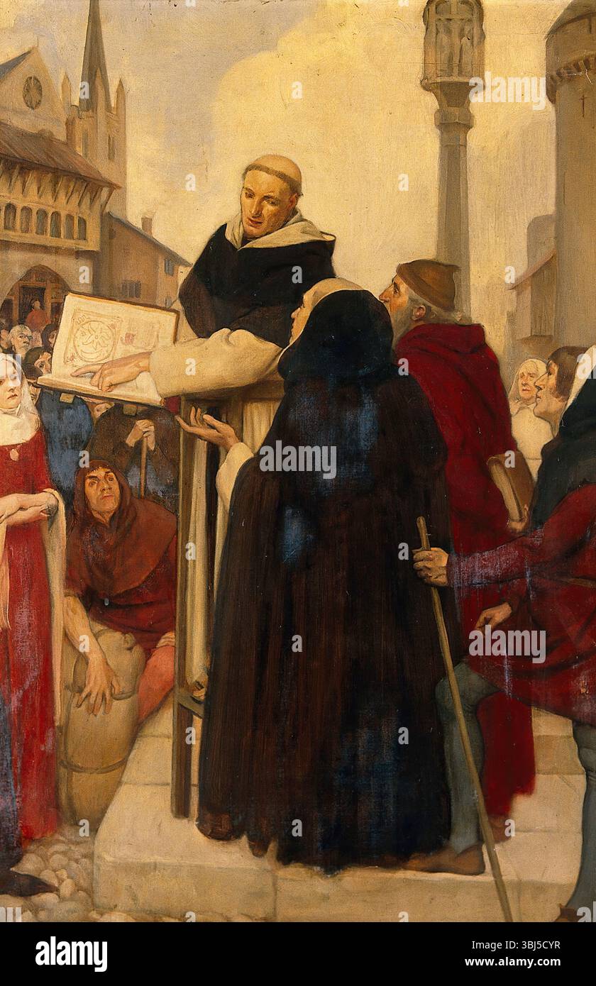 Albertus Magnus, der seine Doktrinen der Physik in den Straßen von Paris, um 1245, um 1910, erläutert. Stockfoto