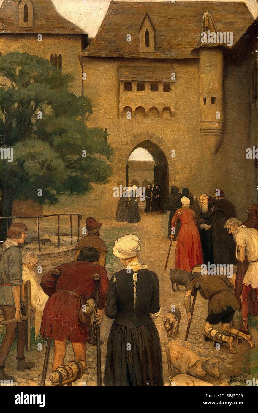 Die Abbaye von Saint Antoine, die Sologne, Frankreich. Pilger, die unter Ergotismus leiden (Feuer des Heiligen Antonius), nähern sich der Krankenstation, in der die Reliquien und Gebeine des heiligen aufbewahrt sind, die vermutlich die Krankheit heilen, um 1912. Stockfoto