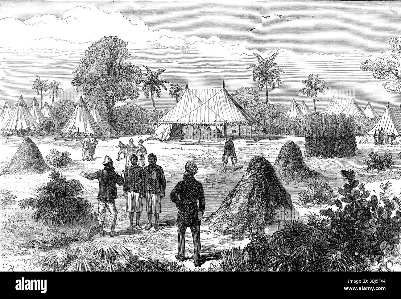 Der Ashantee-Krieg: Captain Glover's Hauptquartier in Addah, nach einem Entwurf unseres besonderen Künstlers, 1874. "...das Lager in Addah, nahe der Mündung der Volta, 70 Meilen östlich von Cape Coast Castle,... wurde von Captain Glovers Truppen von Houssas und anderen einheimischen Hilfskräften... Unserer Ansicht nach werden mehrere konische Erdhügel, fast 1,80 m hoch, im Vordergrund bemerkt werden. Das sind die Ameisenhügel, von denen Naturforscher oft gesprochen haben, wie sie in Westafrika und anderen tropischen Regionen üblich sind. Aus Illustrated London News, 1874. Stockfoto Der Ashantee-Krieg: Captain Glover's Hauptquartier in Addah, nach einem Entwurf unseres besonderen Künstlers, 1874. "...das Lager in Addah, nahe der Mündung der Volta, 70 Meilen östlich von Cape Coast Castle,... wurde von Captain Glovers Truppen von Houssas und anderen einheimischen Hilfskräften... Unserer Ansicht nach werden mehrere konische Erdhügel, fast 1,80 m hoch, im Vordergrund bemerkt werden. Das sind die Ameisenhügel, von denen Naturforscher oft gesprochen haben, wie sie in Westafrika und anderen tropischen Regionen üblich sind. Aus Illustrated London News, 1874. Stockfoto