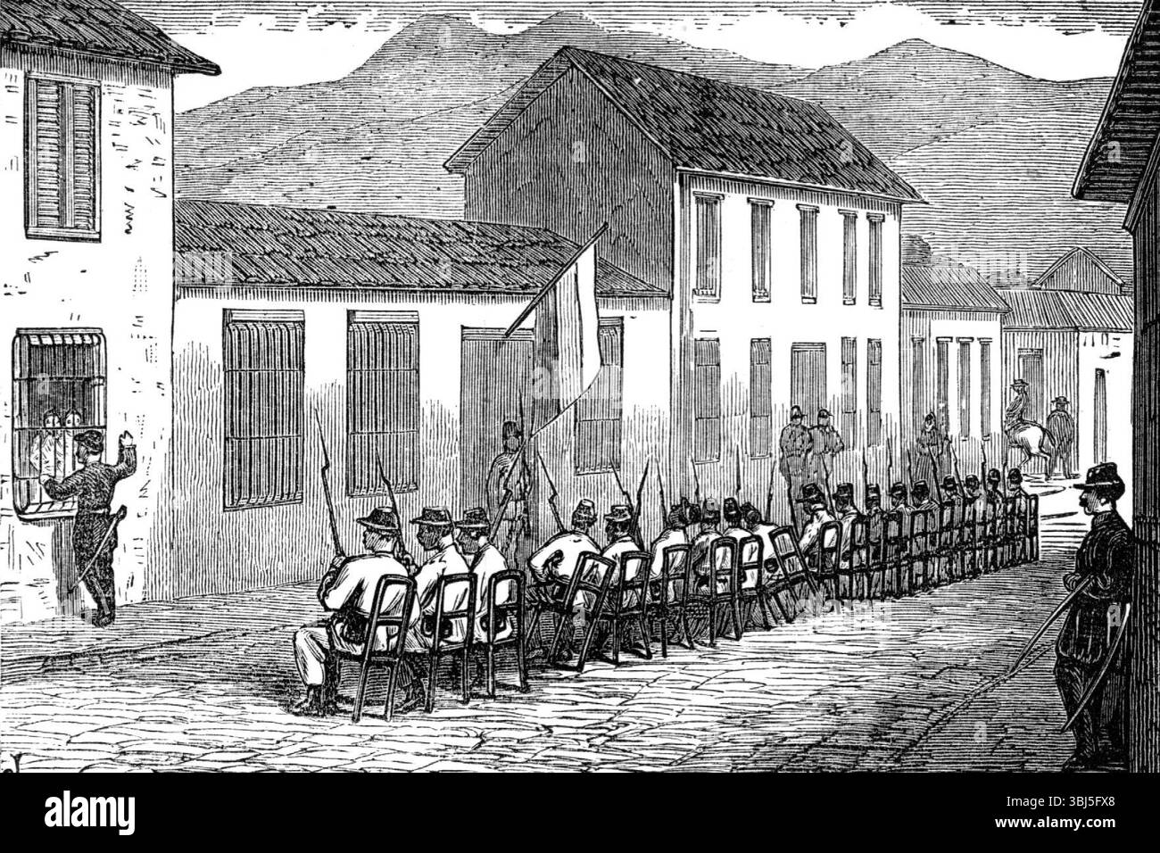 Ehrenwache vor dem Privathaus des Präsidenten in Caracas, Venezuela, 1874. Gravur nach einer Skizze von Mr. H. Bonnycastle. "Die Stadt Caracas, die Hauptstadt Venezuelas, war in letzter Zeit Schauplatz großer Freude, um die Eröffnung des neuen Wasserwerks zu feiern, das vom gegenwärtigen Staatsoberhaupt, General Guzman Blanco, Präsident der Republik Venezuela, errichtet wurde. General Guzman Blanco, der durch seine eigene Energie und Entschlossenheit zu seiner hohen Position Aufstieg, hat dieses wichtige Werk dem Senatshaus und der Universität hinzugefügt, die während der s errichtet wurden Stockfoto