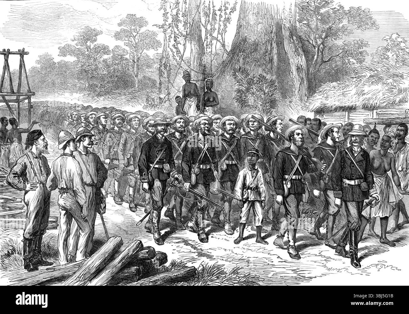 Der Ashantee-Krieg: Ankunft der Marinebrigade im Lager Prahsu - von unserem besonderen Künstler, 1874. Die Royal Navy in Westafrika: "...die Ankunft der Marinebrigade am 3. Januar, was in unserem Special Artist's Letter erwähnt wurde. Sie tragen dunkelblaue Mäntel mit Hüftgürteln und drei bis vier Riemen über den Schultern, an denen die Wasserflaschen und Filter, Munitionsbeutel und Haversacks für ihre Nahrungsrationen hängen. Sie haben einen einheimischen Jungen bei sich, den sie unterwegs mitgenommen haben. Er wollte mit ihm gehen, sie sollen sich seinem Vater und seinem Bruder auf der anderen Seite des anschließen Stockfoto Der Ashantee-Krieg: Ankunft der Marinebrigade im Lager Prahsu - von unserem besonderen Künstler, 1874. Die Royal Navy in Westafrika: "...die Ankunft der Marinebrigade am 3. Januar, was in unserem Special Artist's Letter erwähnt wurde. Sie tragen dunkelblaue Mäntel mit Hüftgürteln und drei bis vier Riemen über den Schultern, an denen die Wasserflaschen und Filter, Munitionsbeutel und Haversacks für ihre Nahrungsrationen hängen. Sie haben einen einheimischen Jungen bei sich, den sie unterwegs mitgenommen haben. Er wollte mit ihm gehen, sie sollen sich seinem Vater und seinem Bruder auf der anderen Seite des anschließen Stockfoto