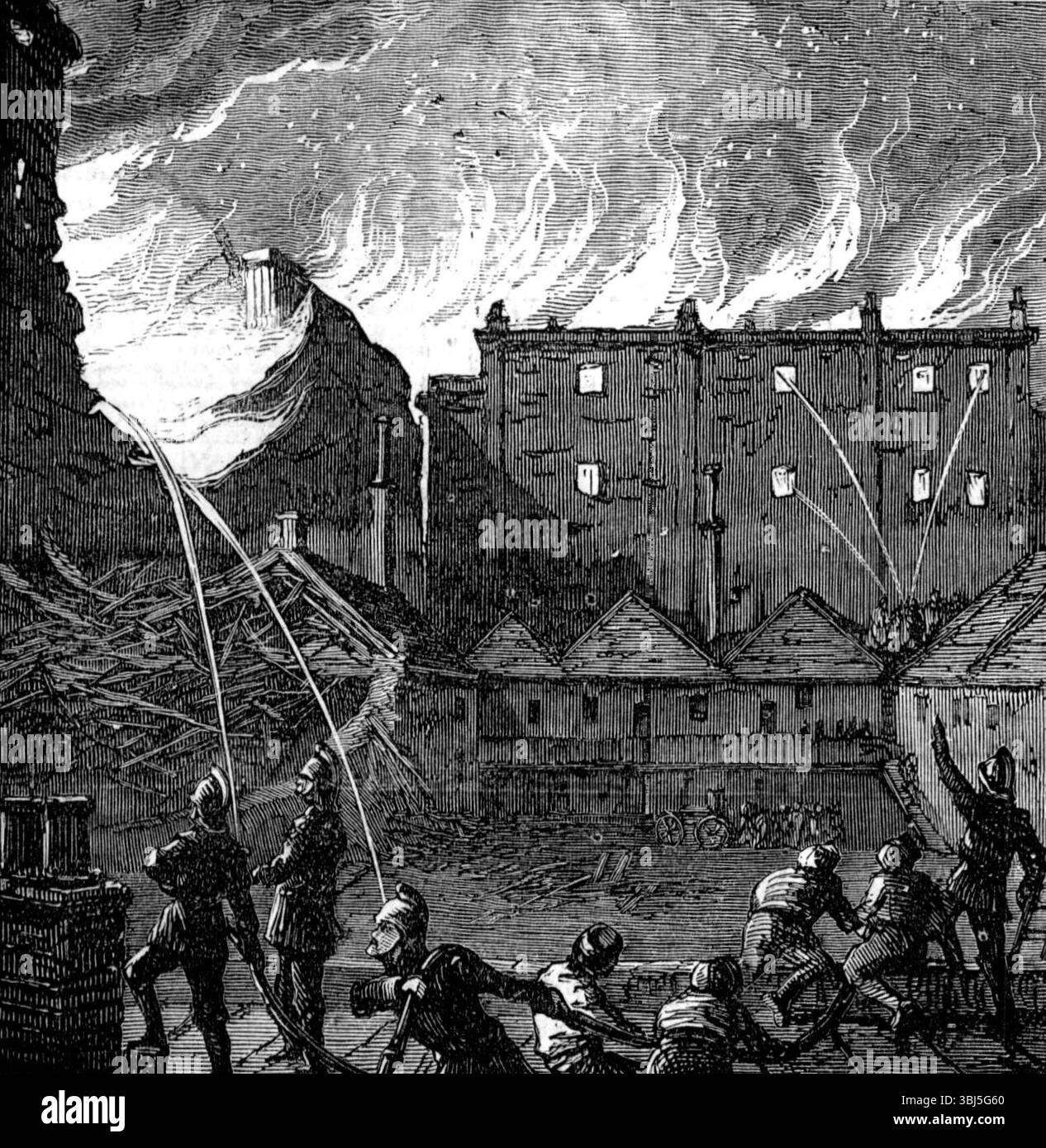 The Burning of the Pantechnicon: The Fire, gesehen vom Dach von Rice's Stables, 1874. "Gestern ereignete sich ein Brand im schicken Viertel Belgravia, das eine große Menge kostspieliger Güter zerstörte... in weniger als einer Viertelstunde waren mehrere Dampf- und Handmaschinen mit einer Reihe von Feuerwehrleuten unter Captain Shaw vor Ort. Das Feuer war zu dieser Zeit nicht sehr groß, aber der Ort war sehr schwer zugänglich, der Rauch war überwältigend und die Wasserversorgung war zunächst extrem kurz... die Pferde und die in einem angrenzenden Lackstall, die Mr. Rice gehörten - ca. 150 Stockfoto