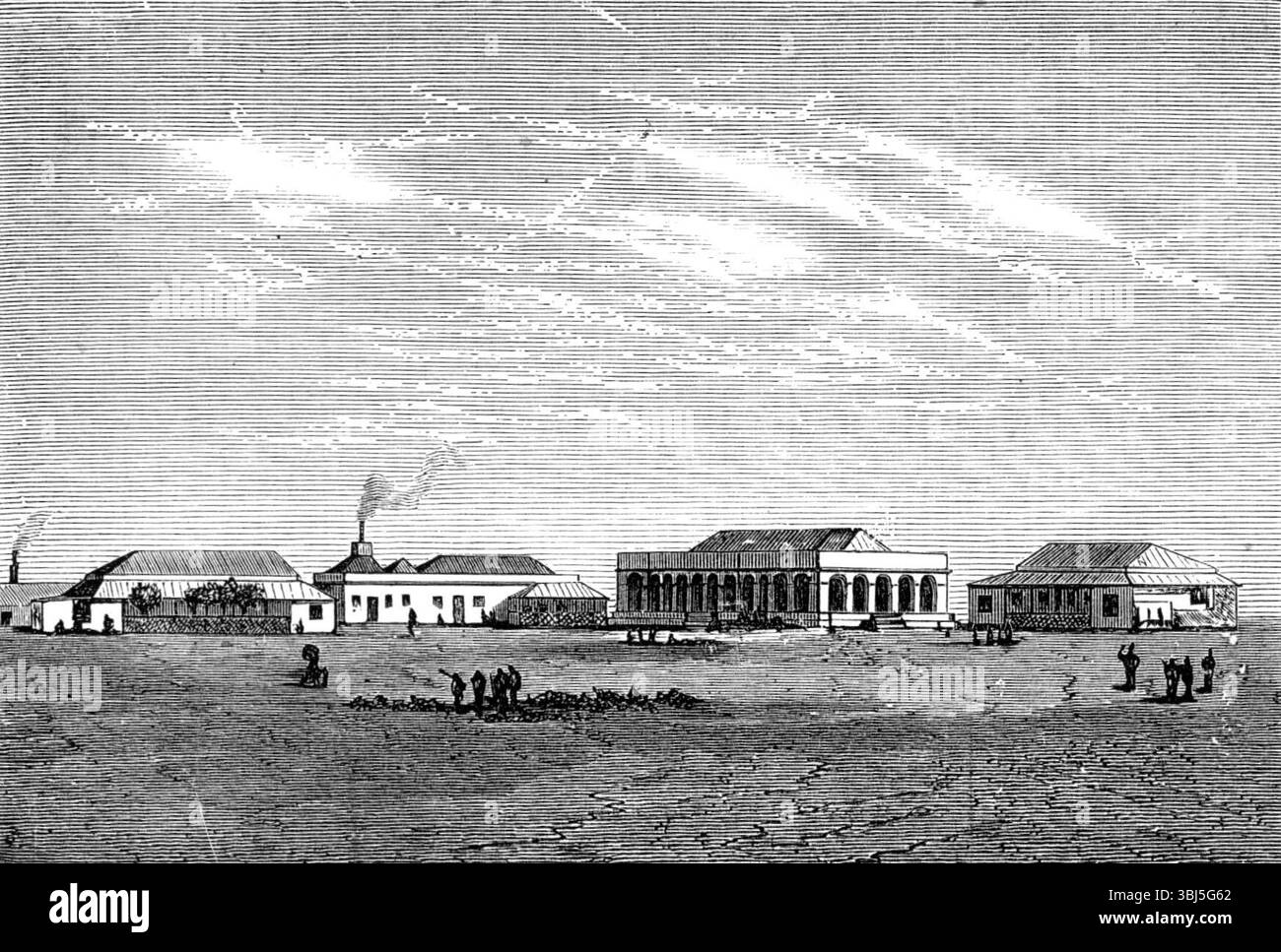 Krankenhaus, Ascension Island, 1874. Kupferstich nach einer Skizze von Dr. Eames vom Royal Naval Hospital in Haslar. "Diese kleine Insel, etwa acht Grad südlich des Äquators im Südatlantik, fast 1500 Meilen von der afrikanischen Küste entfernt und weit von der brasilianischen Küste entfernt, kann für die Aufnahme und Heilung von Invaliden von Sir Garnet Wolseleys Truppen im Ashantee-Feldzug [d. h. Dritter Anglo-Ashanti-Krieg] genutzt werden. Es handelt sich um eine britische Militärstation, die 1815 gegründet wurde, als Napoleon in St. Helena gefangen gehalten wurde, die etwa 700 Meilen südöstlich von Ascension liegt. Die Insel ist nur sieben Stockfoto