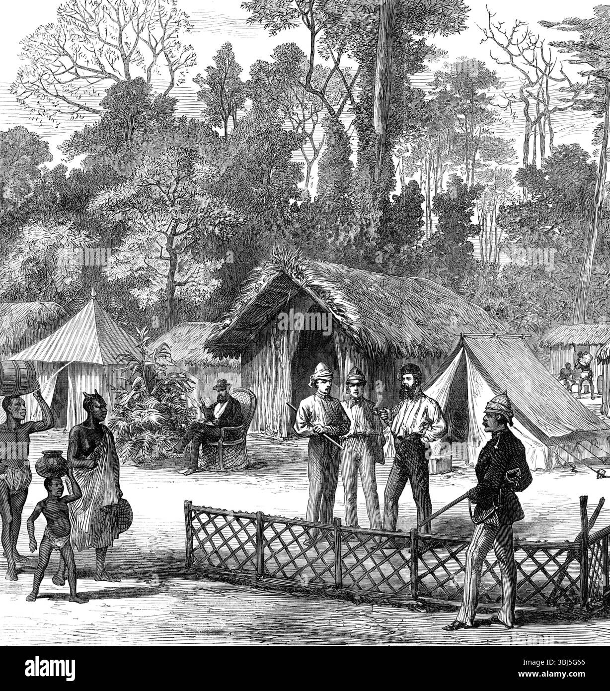 Der Ashantee-Krieg: Zeitungskorrespondenten-Quartier im Lager in Prah-Su, nach einem Entwurf unseres Künstlers, 1874. Dritter Anglo-Ashanti-Krieg: Journalisten, die in Westafrika in die britische Armee eingebettet sind. "Times; Illustrated London News; New York Herald; Standard... unser Künstler fand während seines Aufenthalts in Prah-su eine bequeme Unterkunft in einer Hütte, die Mr. Henry Stanley ['Finder' von David Livingstone], vom New York Herald und Mr. Henty vom Standard mit ihm geteilt wurde. Er hat ihre freundliche Hilfe in mehr als einem Brief und seine Skizze von "den Zeitungskorrespondenten' Quartieren anerkannt Stockfoto