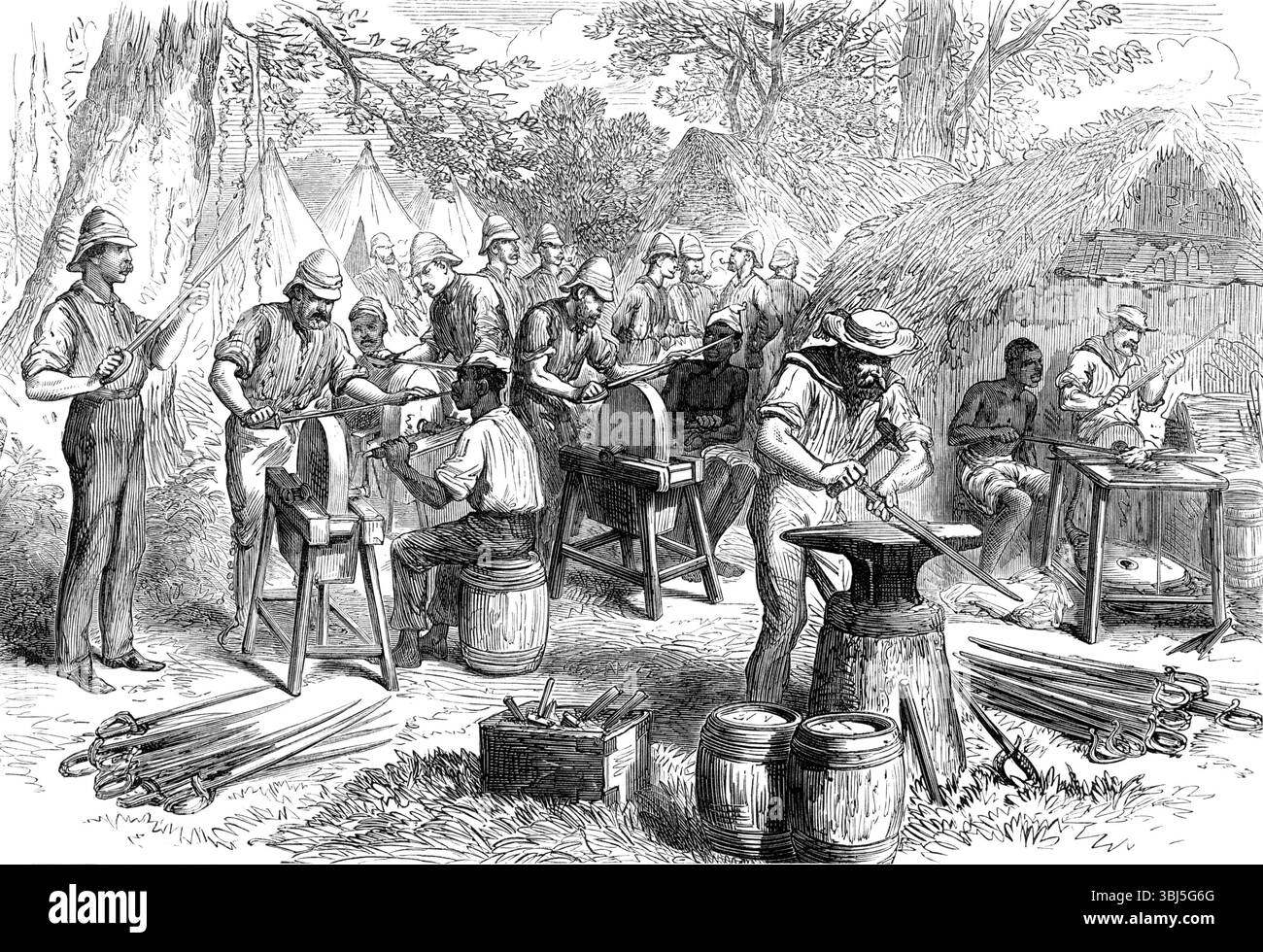 Der Ashantee-Krieg: Das Schärfen der Schneiden im Lager in Prah-Su, nach einer Skizze unseres besonderen Künstlers, 1874. Dritter Anglo-Ashanti-Krieg, die britische Armee in Westafrika: "... eine Reihe unserer eigenen Landsleute im Lager von Prahsu, Seeleute der Marinebrigade und der Royal Marines, beschäftigten sich an den Schleifsteinen und der tragbaren Schmiede, um ihre Schneiden zu schärfen, damit sie für den eigentlichen Kampf bereit sind". Aus Illustrated London News, 1874. Stockfoto Der Ashantee-Krieg: Das Schärfen der Schneiden im Lager in Prah-Su, nach einer Skizze unseres besonderen Künstlers, 1874. Dritter Anglo-Ashanti-Krieg, die britische Armee in Westafrika: "... eine Reihe unserer eigenen Landsleute im Lager von Prahsu, Seeleute der Marinebrigade und der Royal Marines, beschäftigten sich an den Schleifsteinen und der tragbaren Schmiede, um ihre Schneiden zu schärfen, damit sie für den eigentlichen Kampf bereit sind". Aus Illustrated London News, 1874. Stockfoto