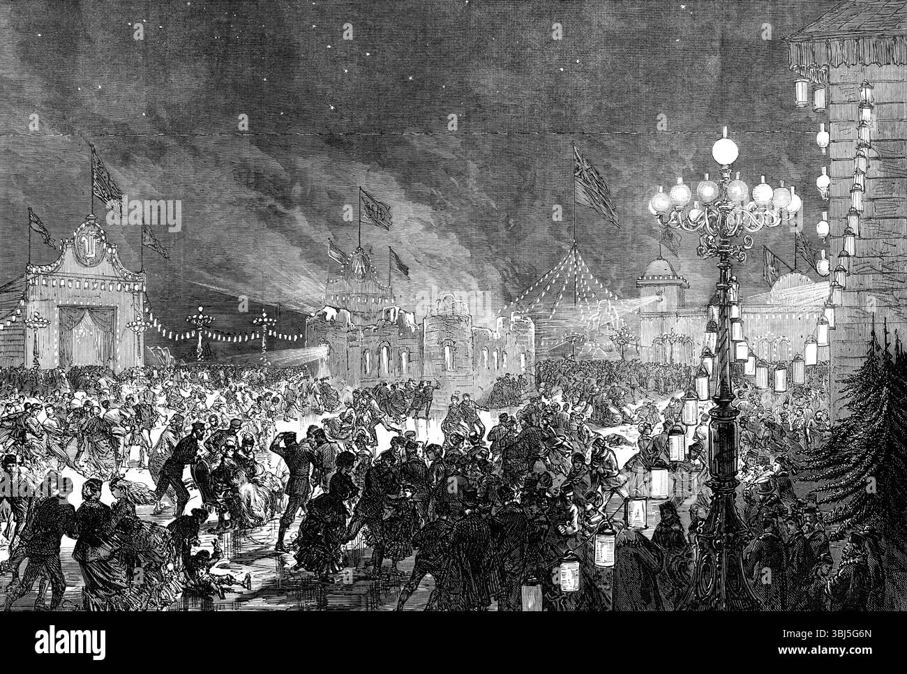 Großes Eislauffest auf der Neva [in St. Petersburg] zu Ehren der Hochzeit des Herzogs von Edinburgh, 1874. Feierlichkeiten zur königlichen Hochzeit von Großherzogin Maria Alexandrowna von Russland und Alfred, Herzog von Sachsen-Coburg und Gotha. „Der englische Neva Skating Club besetzte im Winter mehrere Hektar von eingeschlossenem Flusseis... Sie hatten diesen Raum in ein elysisches Feld mit Eistempeln, Magnesiumlichtern, farbigen Lampen und Feuern, Pavillons und Buffets verwandelt. Rund um das Eisfeld hingen Lampen-Ketten, rot und blau und grün, mit hübschen Mustern. Auf der einen Seite war der königliche Pavillon, mit Stockfoto
