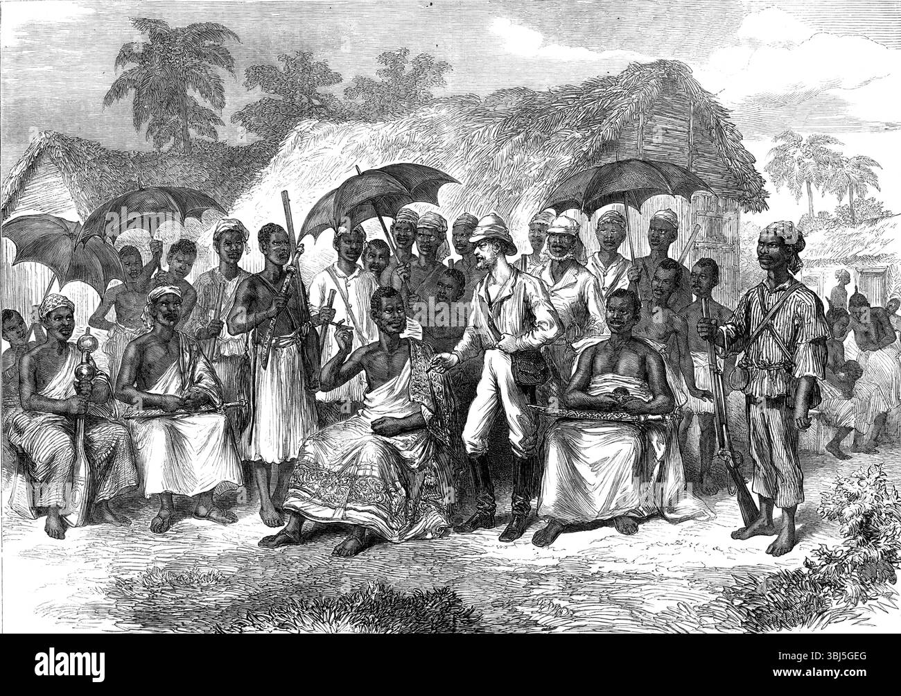 Der Ashantee-Krieg: Eine Konferenz mit einem einheimischen König, nach einem Entwurf unseres Künstlers, 1874. Dritter Anglo-Ashanti-Krieg. Die britische Armee in Westafrika. Das diplomatische Interview von Leutnant Irwin mit dem König oder Häuptling namens Amoowah, einem unserer Verbündeten, fand vor einigen Wochen in Dunquah statt, aber es ist ein charakteristisches Beispiel für den Zustand und die würde der Ureinwohner. Seine Majestät sitzt im Schatten eines englischen schwarzen Schirms, in ein loses Gewand gewickelt und raucht eine Zigarre, die ihm von seinem englischen Besucher gegeben wurde, der zu seiner linken Hand steht. Der Rüstungsträger, Schwertträger und Keulenträger A Stockfoto Der Ashantee-Krieg: Eine Konferenz mit einem einheimischen König, nach einem Entwurf unseres Künstlers, 1874. Dritter Anglo-Ashanti-Krieg. Die britische Armee in Westafrika. Das diplomatische Interview von Leutnant Irwin mit dem König oder Häuptling namens Amoowah, einem unserer Verbündeten, fand vor einigen Wochen in Dunquah statt, aber es ist ein charakteristisches Beispiel für den Zustand und die würde der Ureinwohner. Seine Majestät sitzt im Schatten eines englischen schwarzen Schirms, in ein loses Gewand gewickelt und raucht eine Zigarre, die ihm von seinem englischen Besucher gegeben wurde, der zu seiner linken Hand steht. Der Rüstungsträger, Schwertträger und Keulenträger A Stockfoto